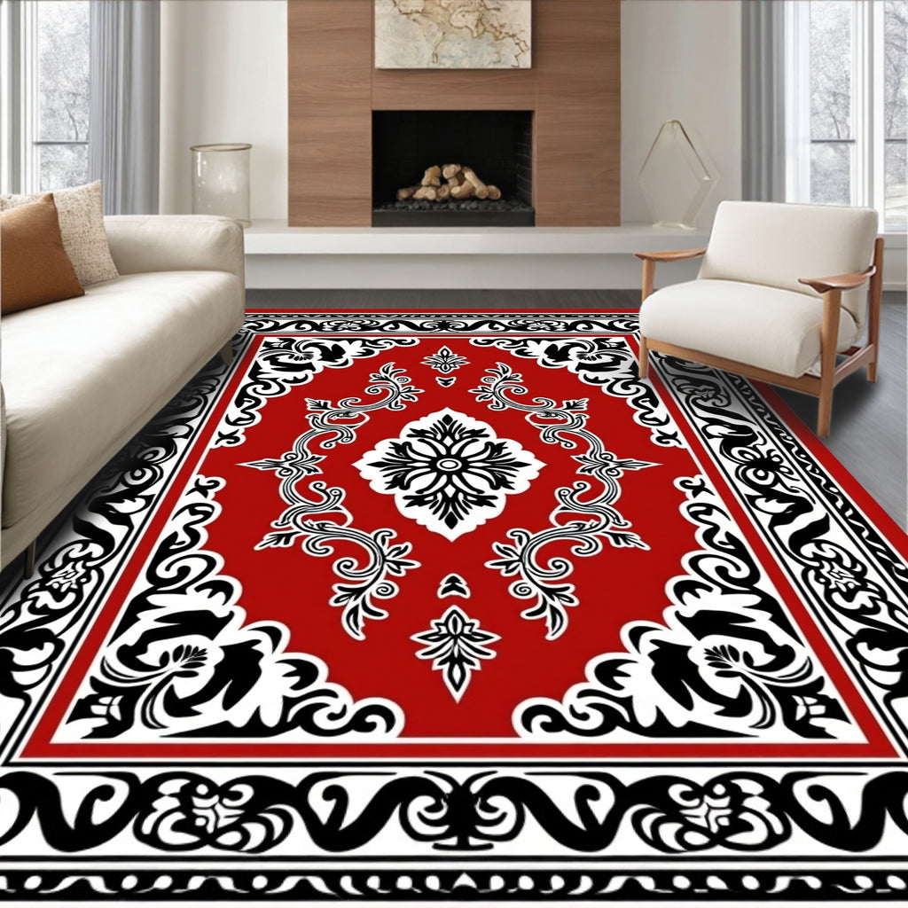 Classic Red Black Floral Medallion Rug
