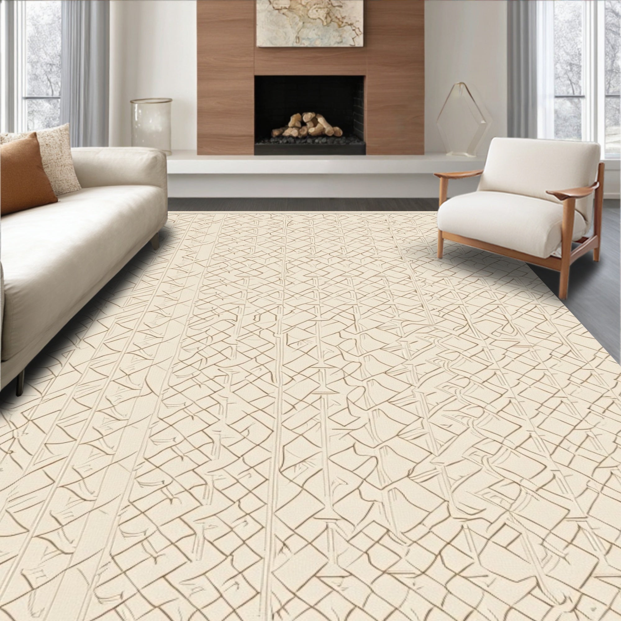 Neutral Beige Interlocking Diamond Lattice Rug