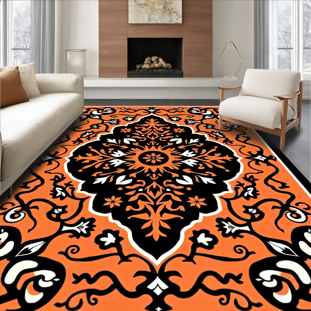 Vibrant Orange Black Floral Medallion Rug