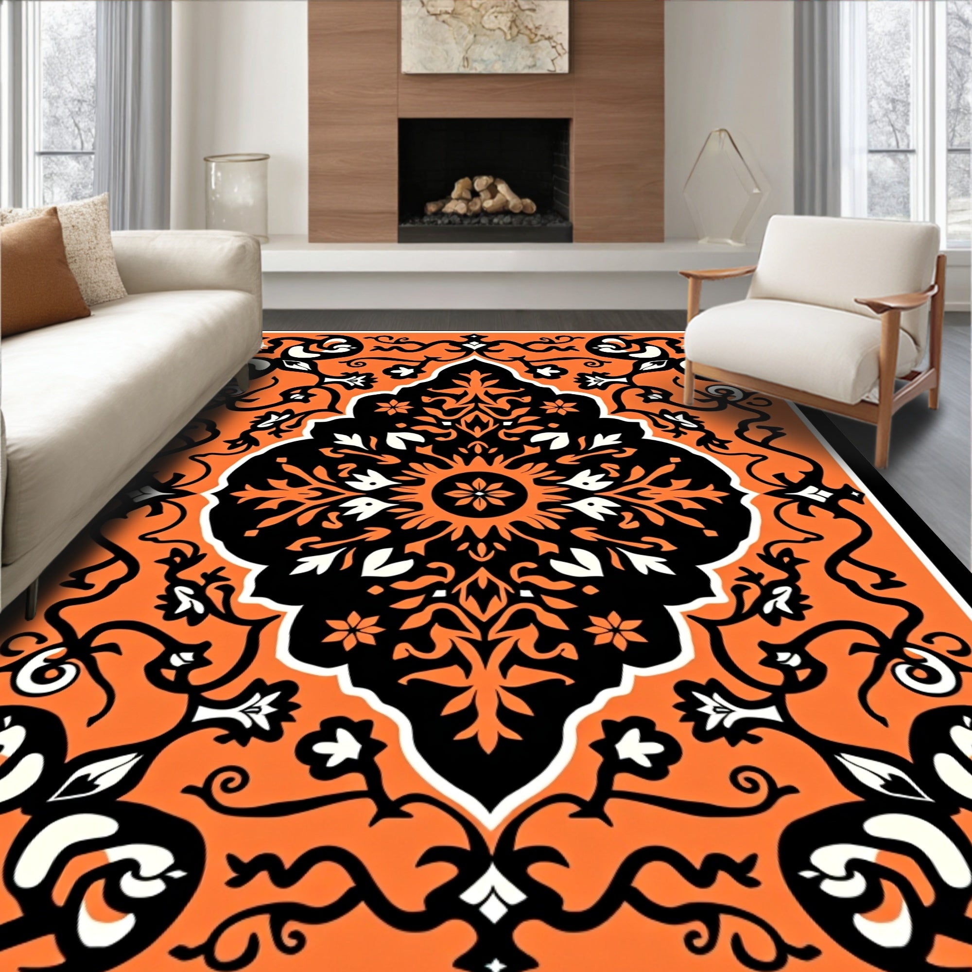 Vibrant Orange Black Floral Medallion Rug