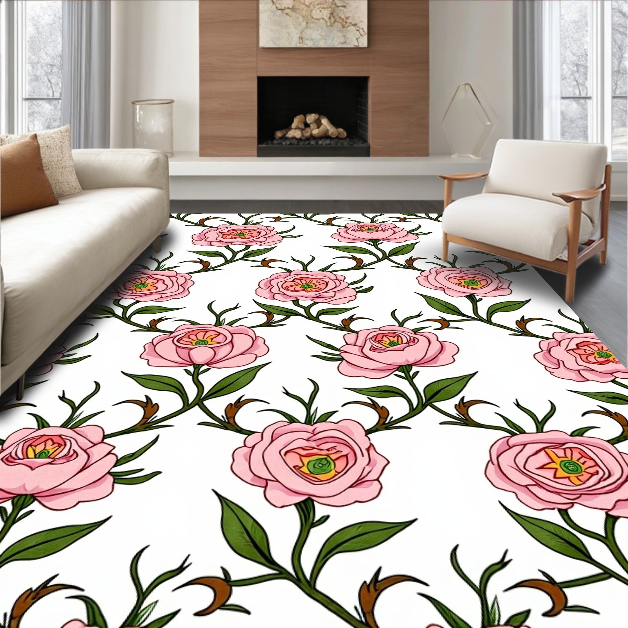 Pink Rose Vine Garden Rug