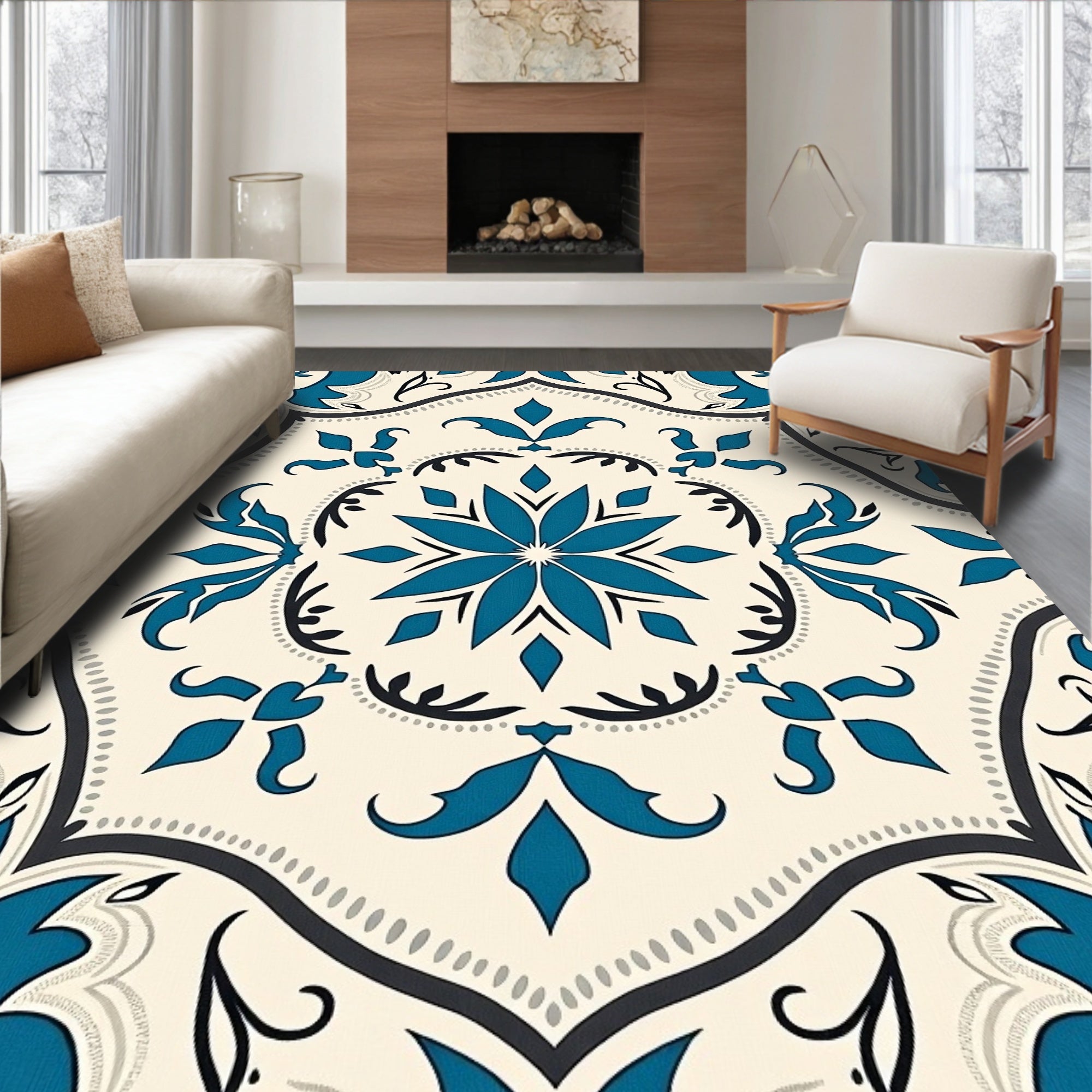 Teal Ivory Floral Medallion Tile Rug