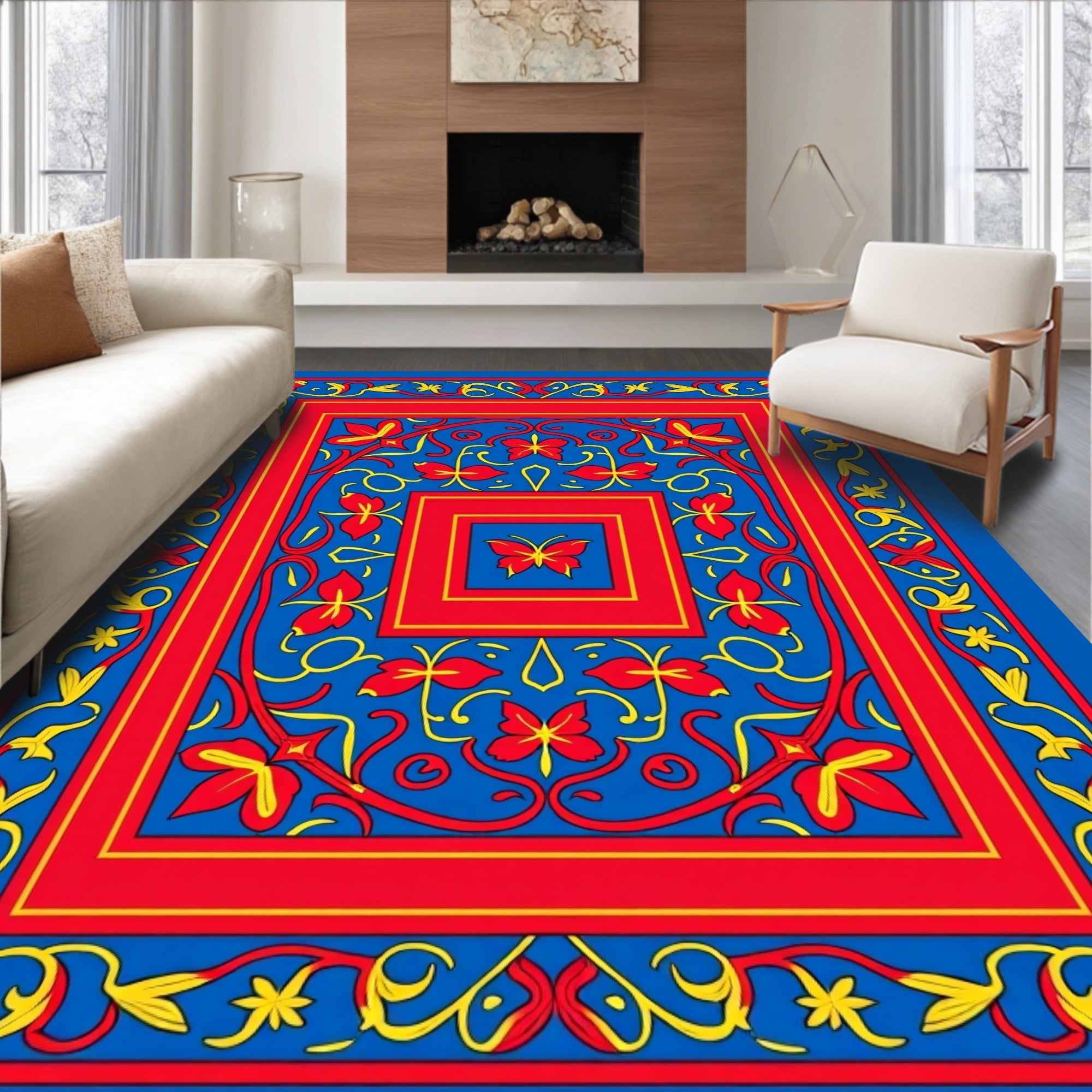 Vibrant Red Floral Butterfly Court Rug