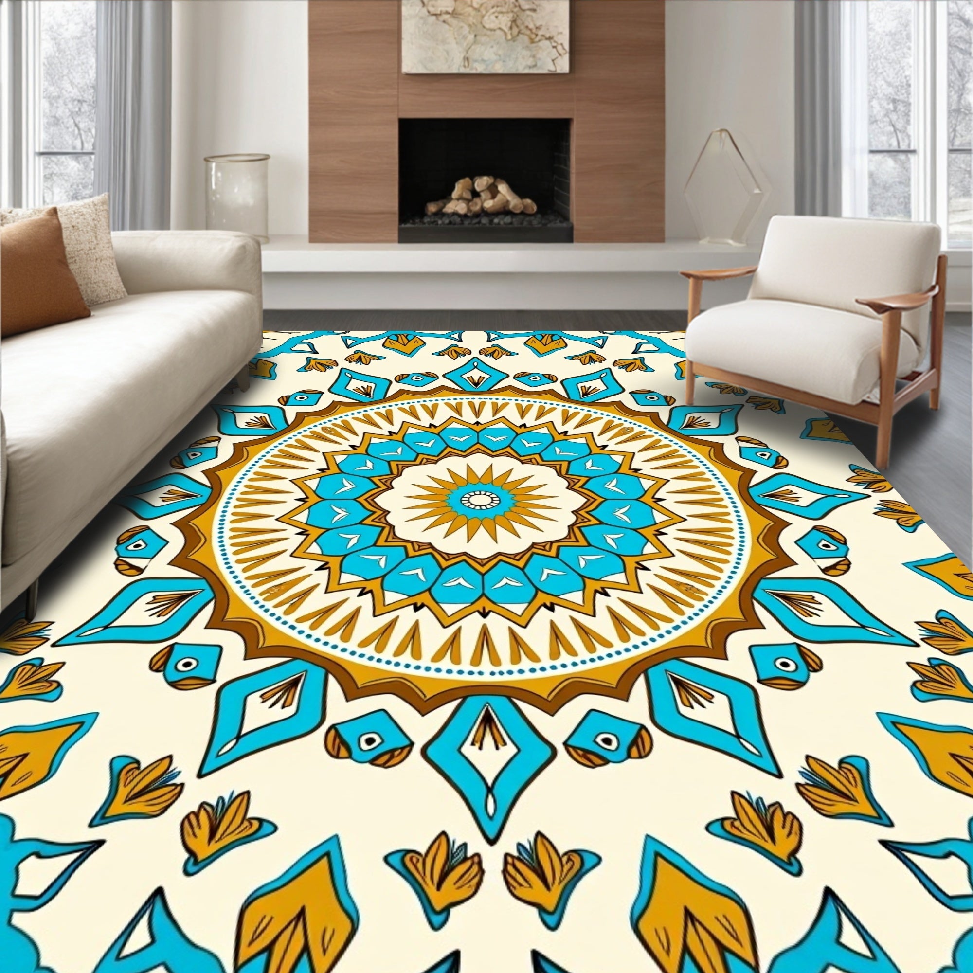 Golden Turquoise Medallion Mandala Rug