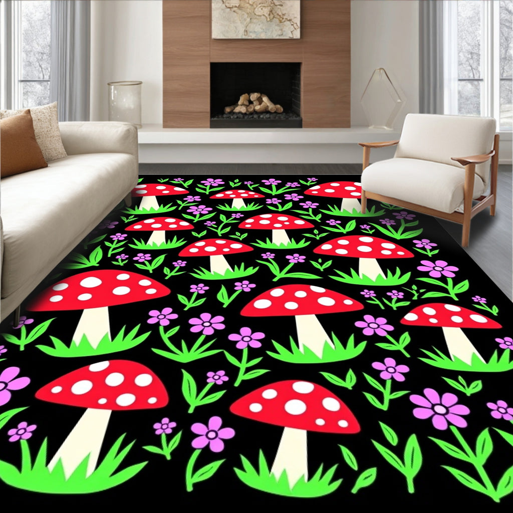 Whimsical Red Mushroom Floral Garden Rug