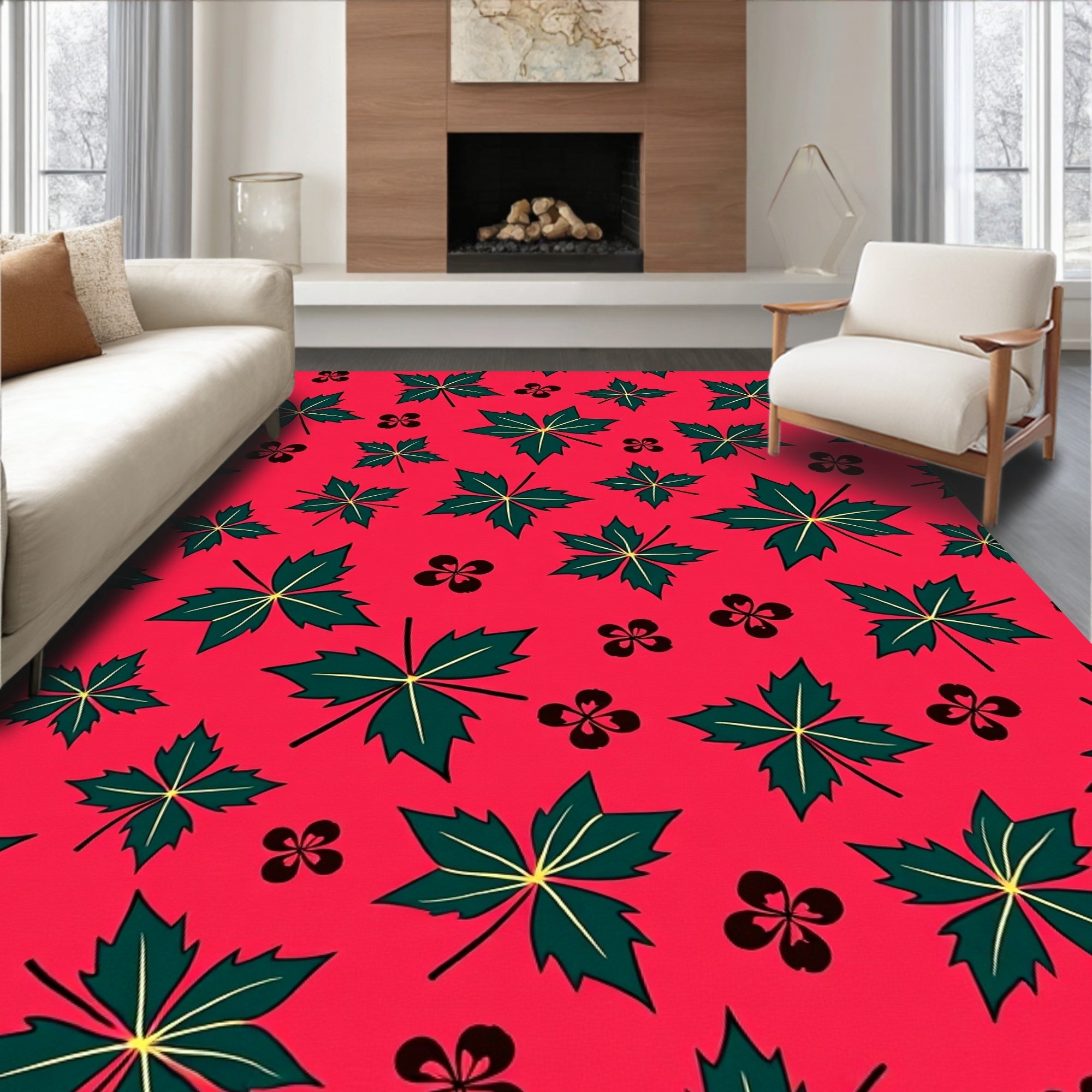 Vibrant Red Leafy Garden Scatter Rug