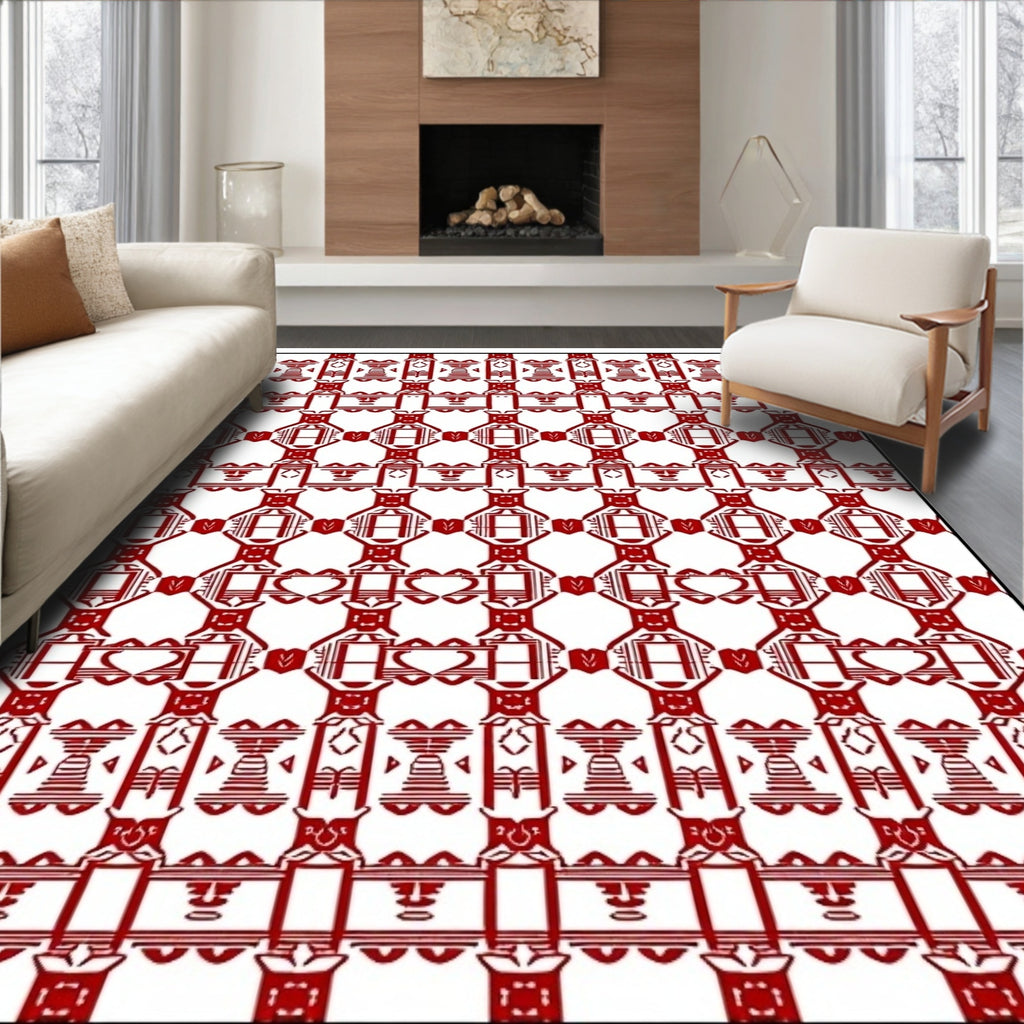 Bold Crimson Repeating Geometric Motif Rug