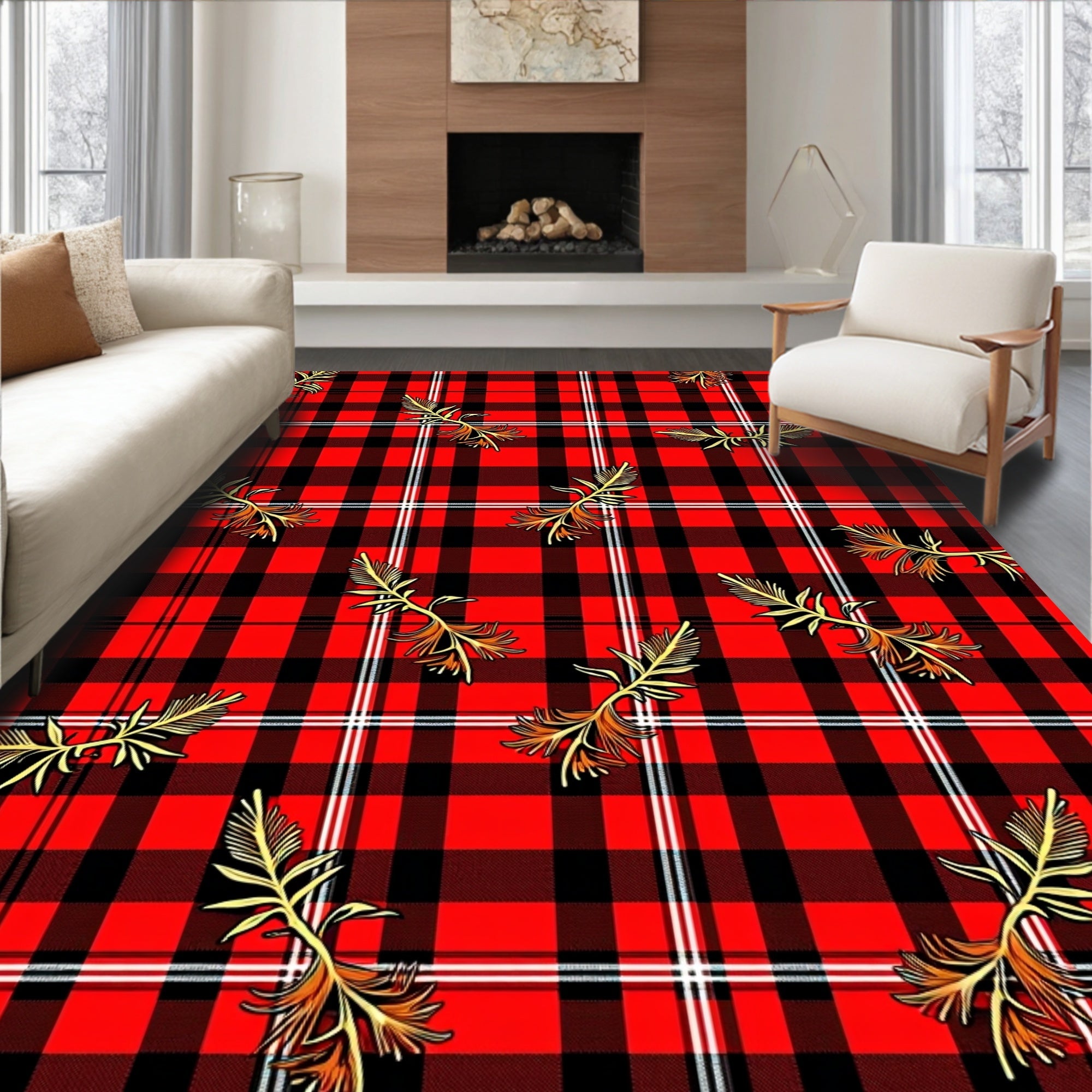 Rustic Red Black Plaid Feather Rug