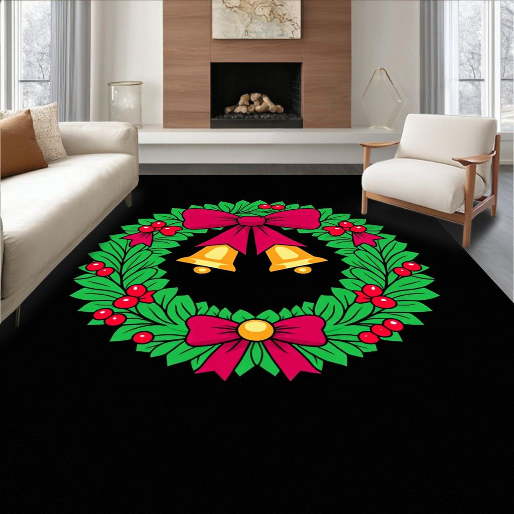 Festive Green Wreath Red Bow Bells Rug