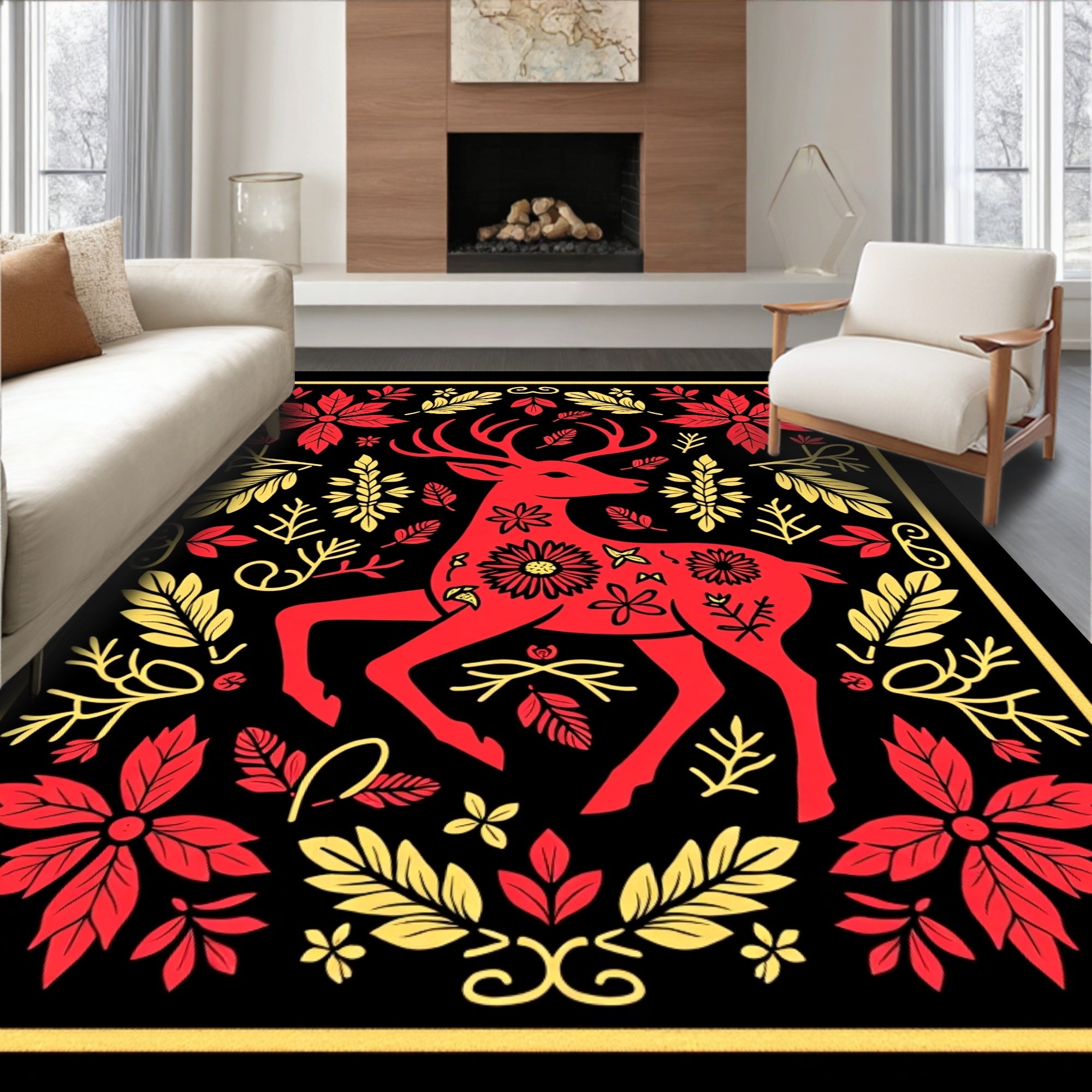 Crimson Deer Floral Surround Rug