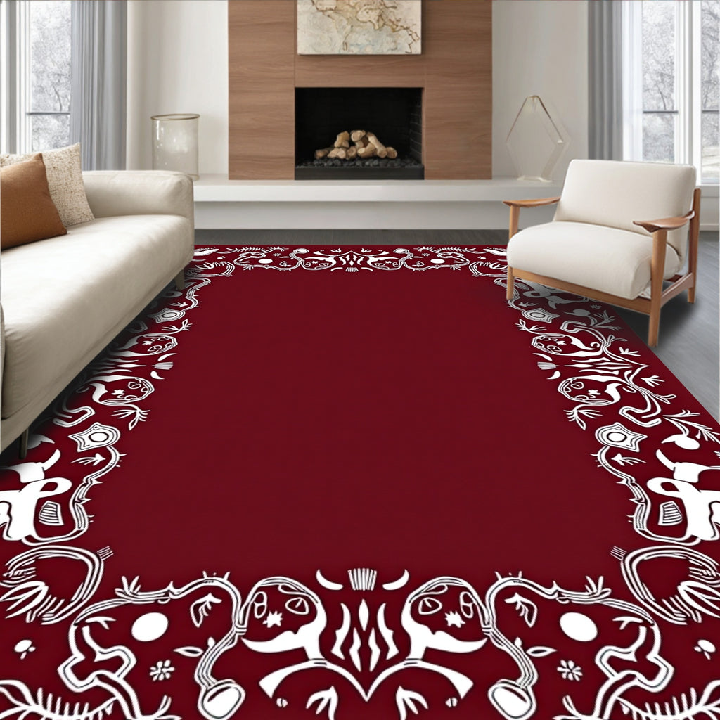 White Abstract Border Crimson Background Rug
