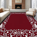 White Abstract Border Crimson Background Rug