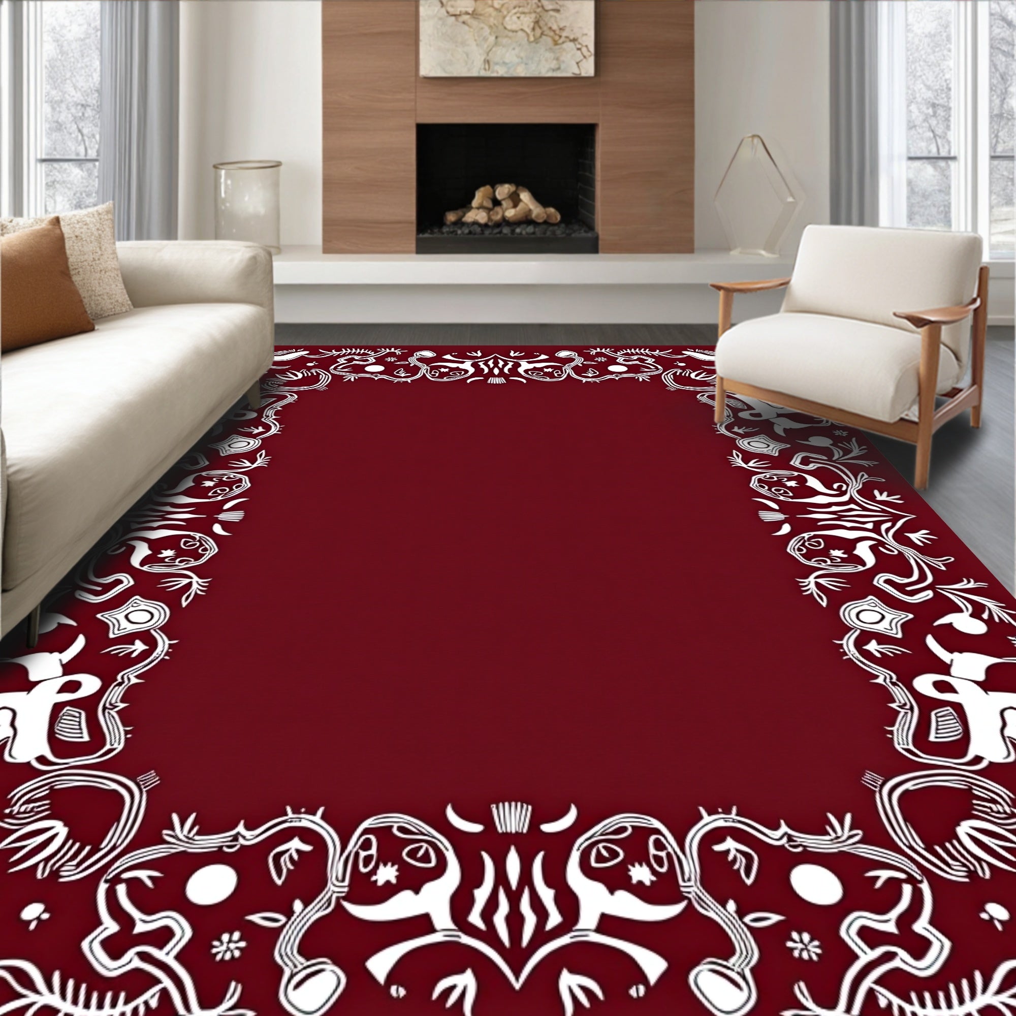 White Abstract Border Crimson Background Rug
