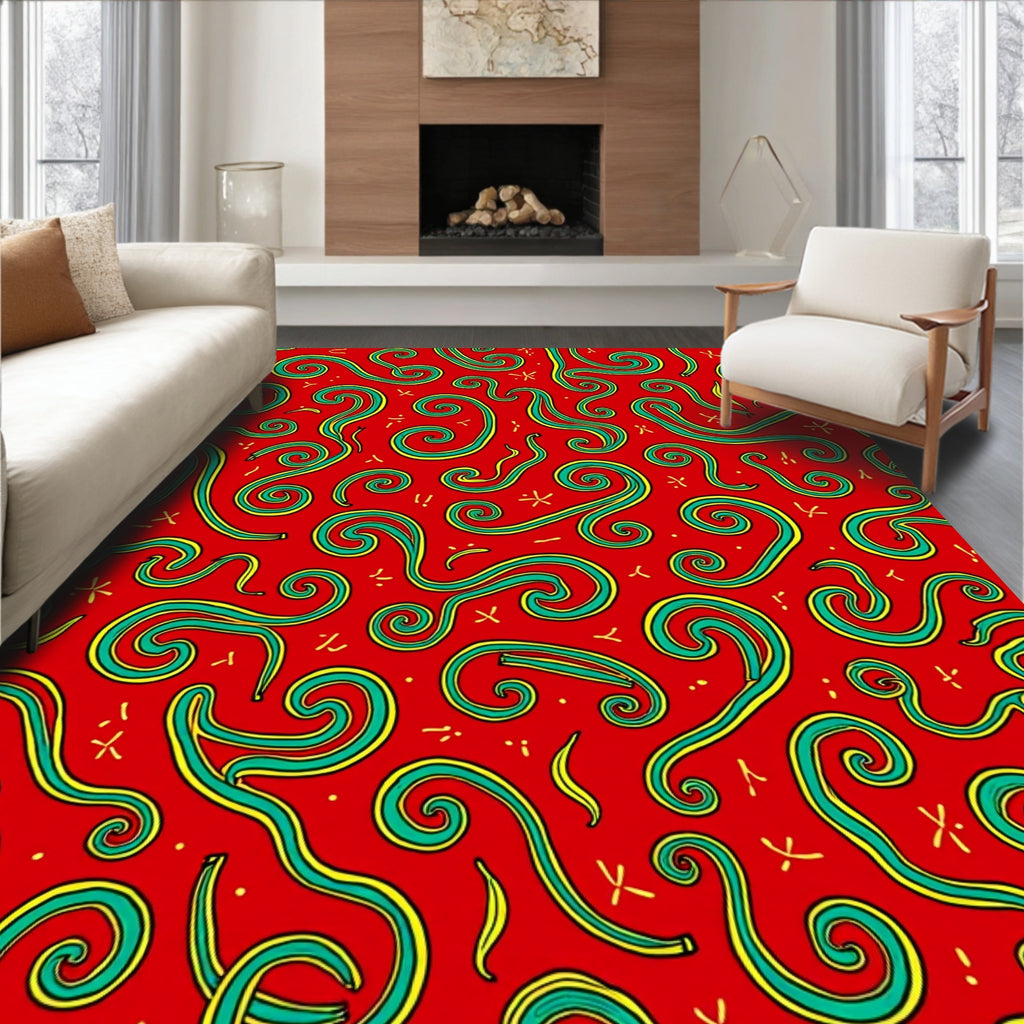 Red Teal Yellow Swirling Curls Rug