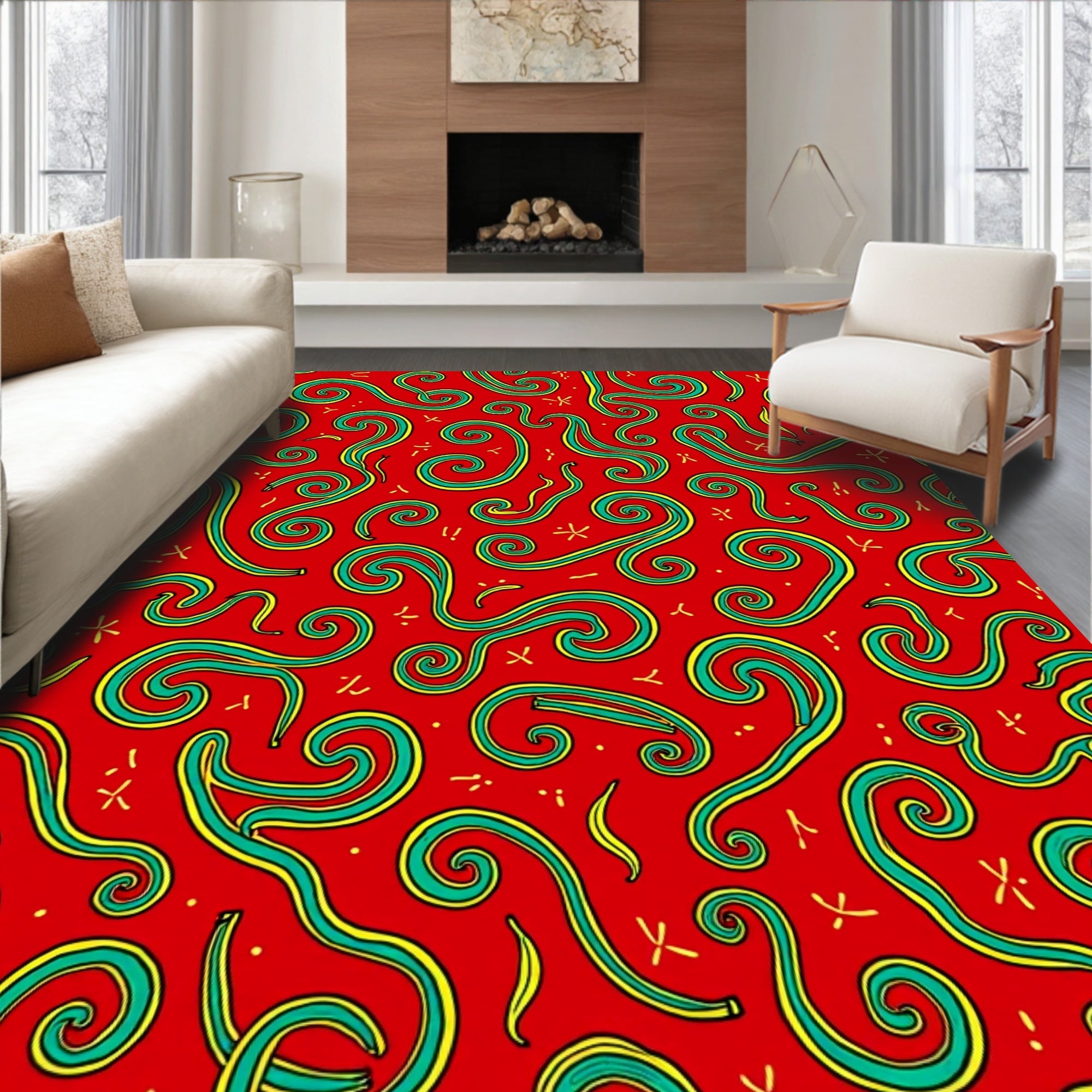 Red Teal Yellow Swirling Curls Rug