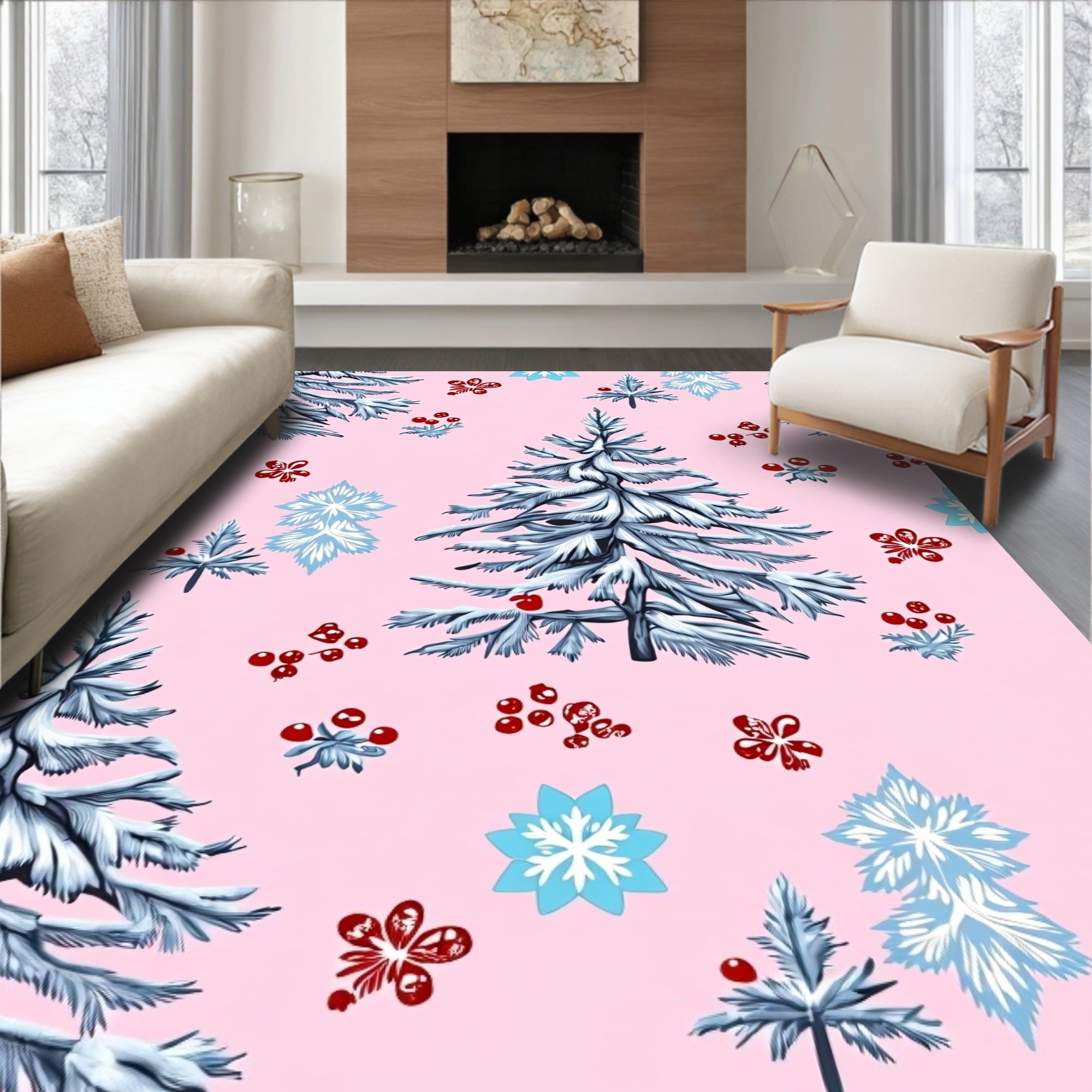 Pink Snowy Evergreen Winter Whimsy Rug