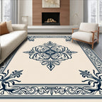 Cream Navy Floral Medallion Border Rug