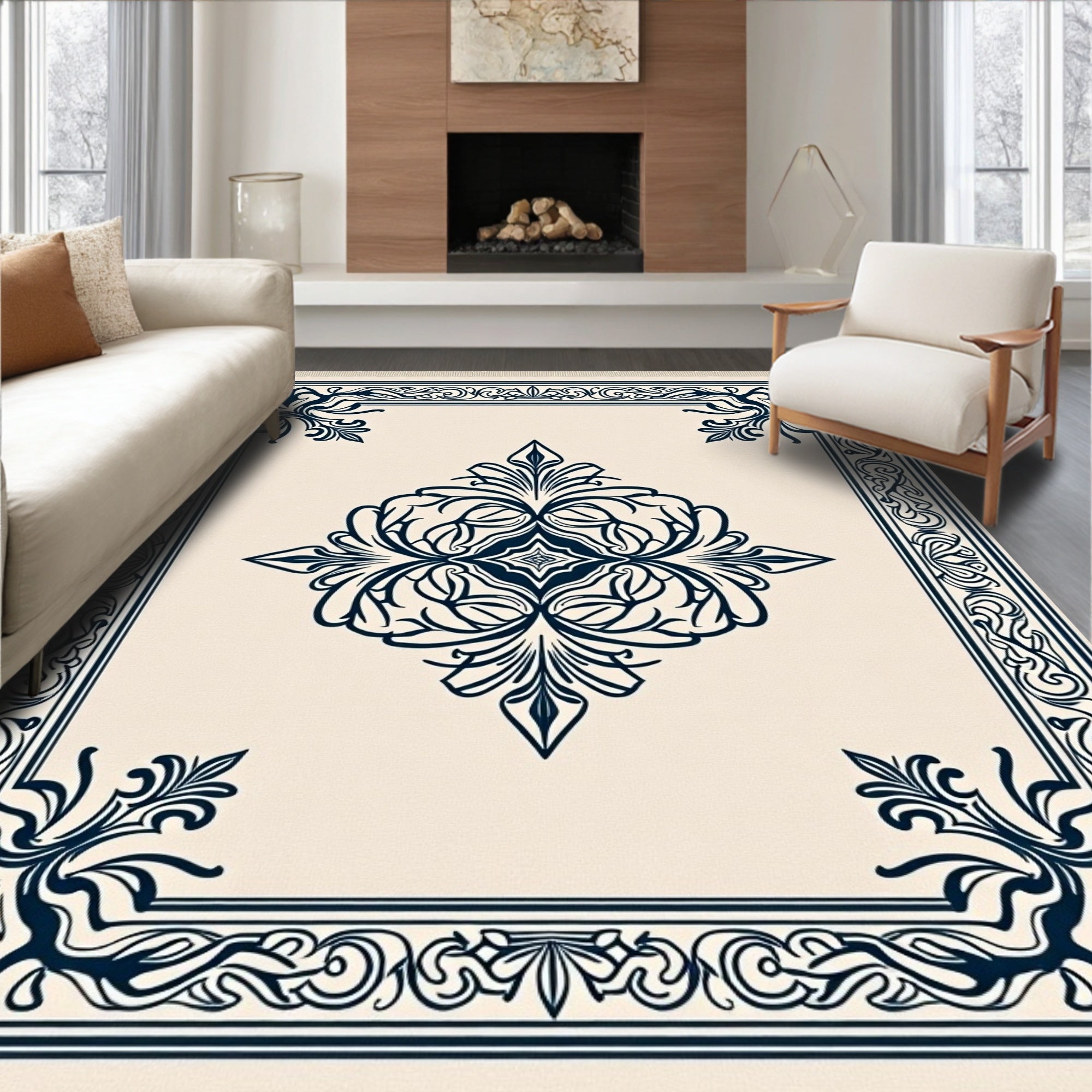 Cream Navy Floral Medallion Border Rug