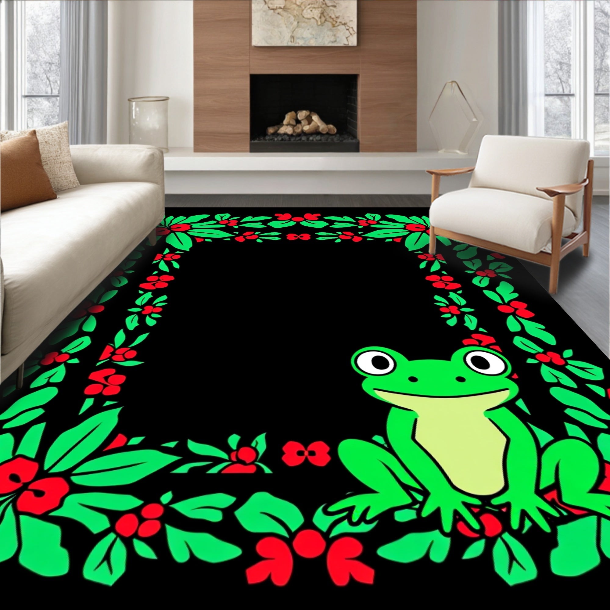 Whimsical Green Frog Holly Border Rug