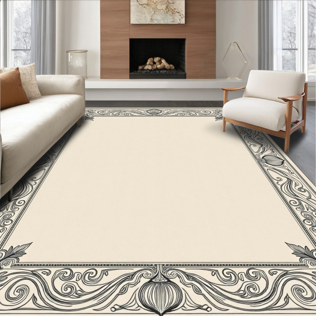 Ornate Black Sepia Floral Border Design Rug