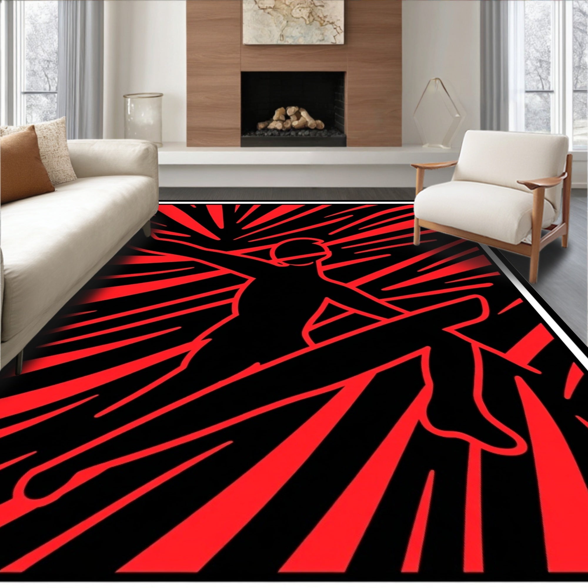 Bold Red Surfer Rushing Wave Rug