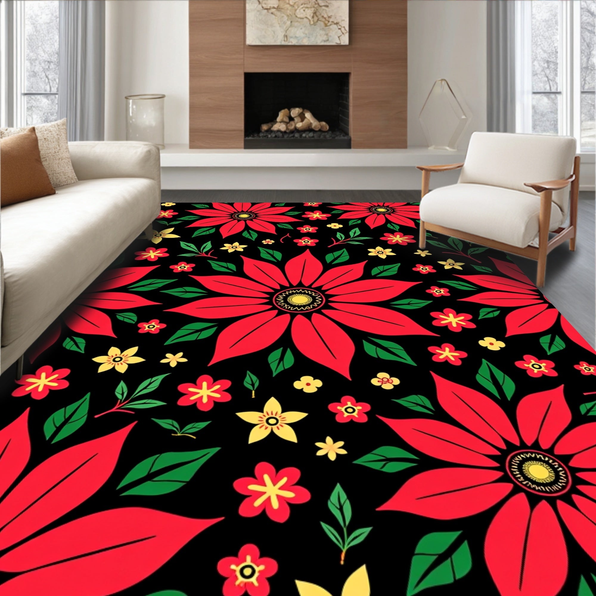 Bold Red Yellow Floral Garden Rug