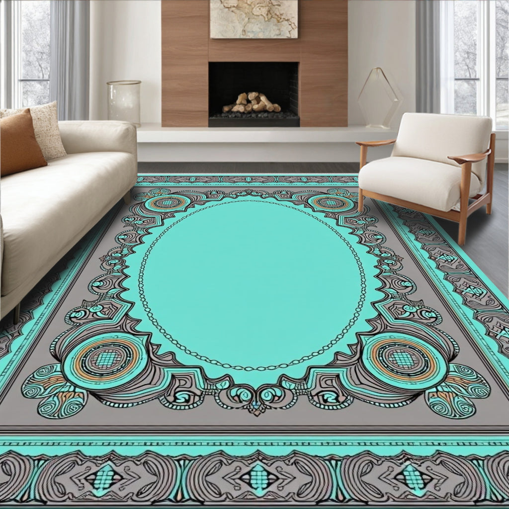 Ornate Teal Gray Tribal Medallion Rug