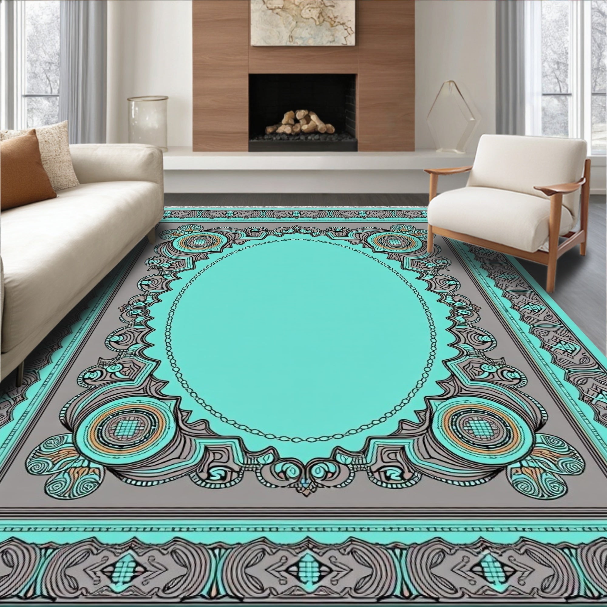 Ornate Teal Gray Tribal Medallion Rug