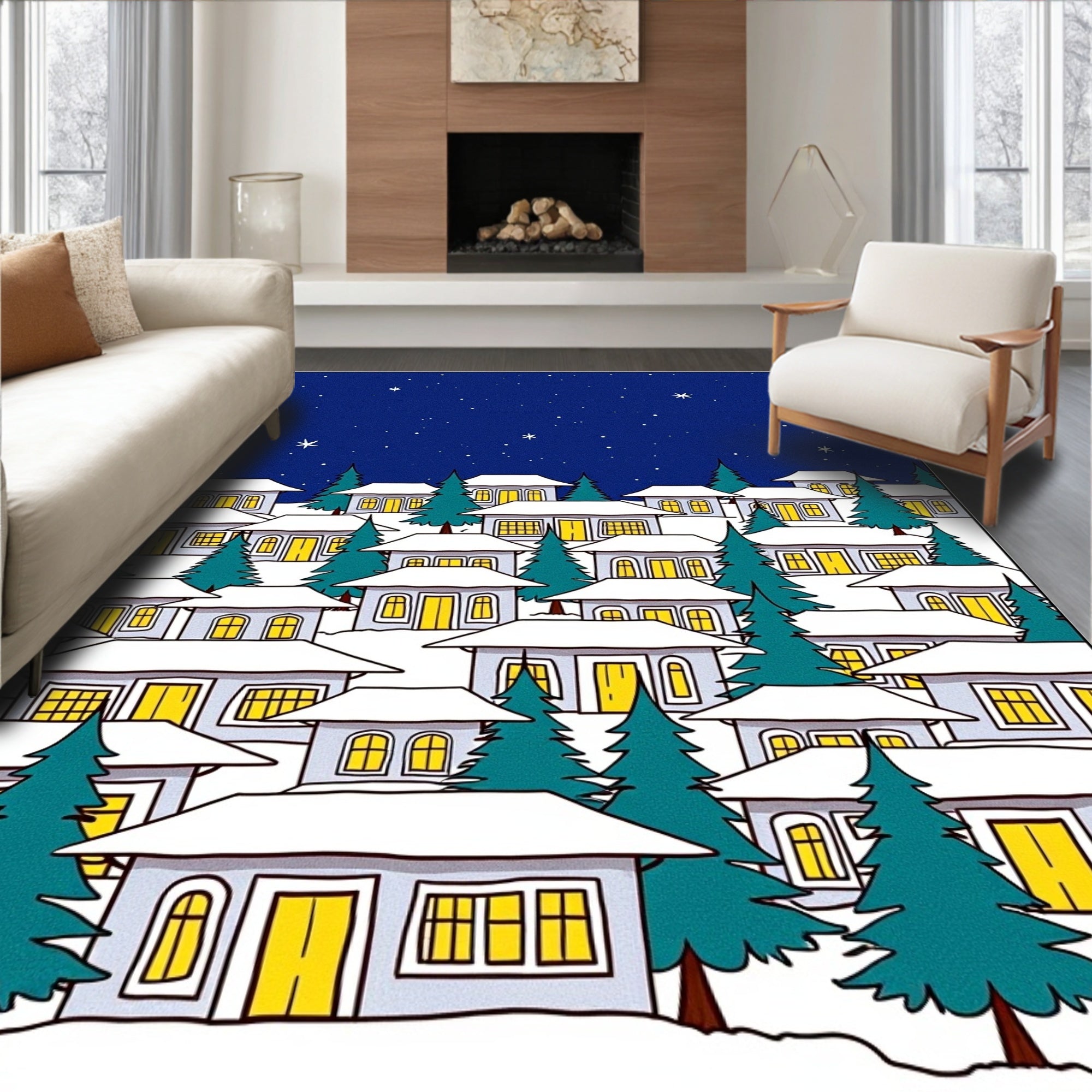 Winter Village Starry Night Houses Rug