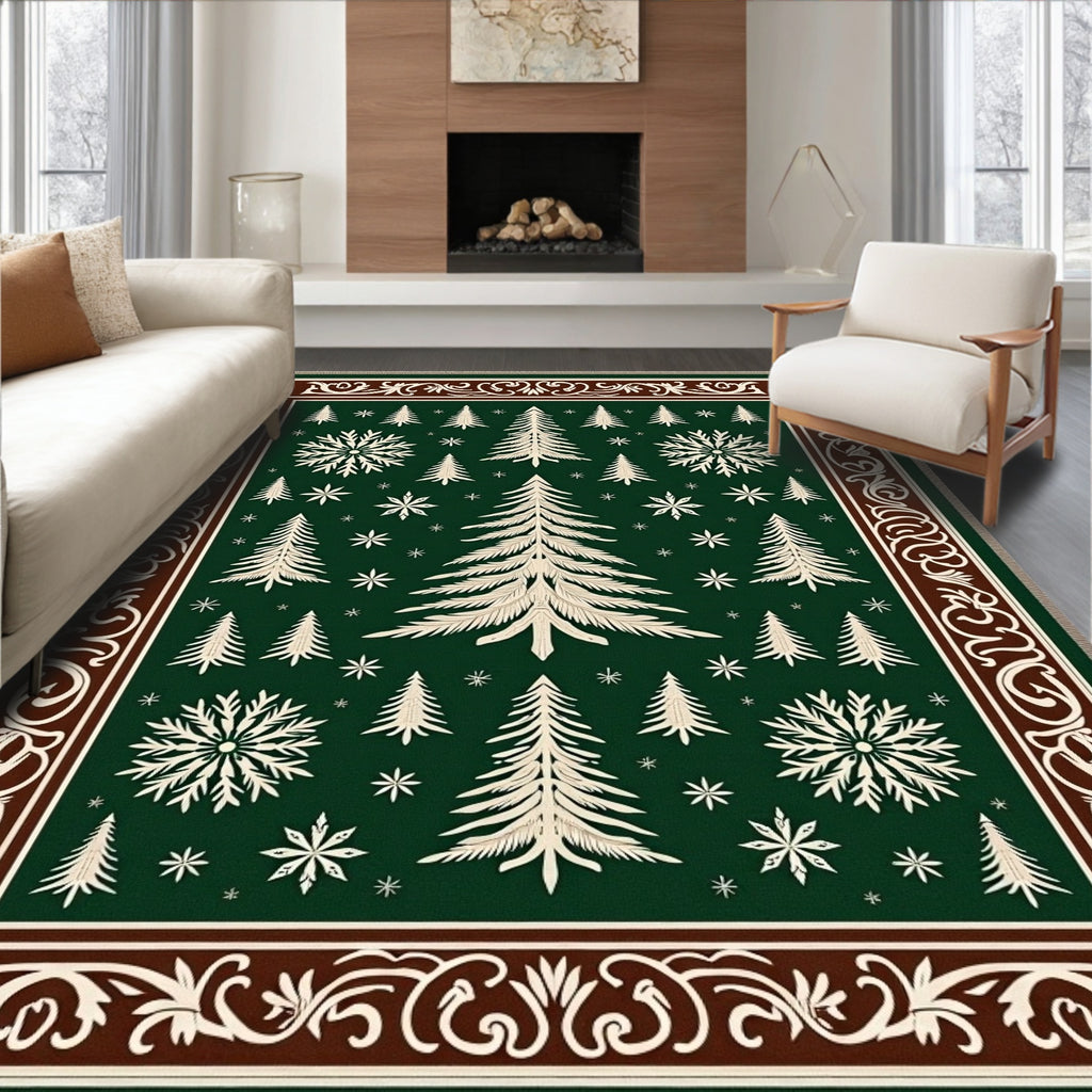 Forest Green Snowy Christmas Trees Rug