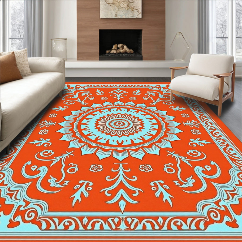 Vibrant Orange Light Blue Medallion Frame Rug