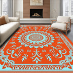 Vibrant Orange Light Blue Medallion Frame Rug
