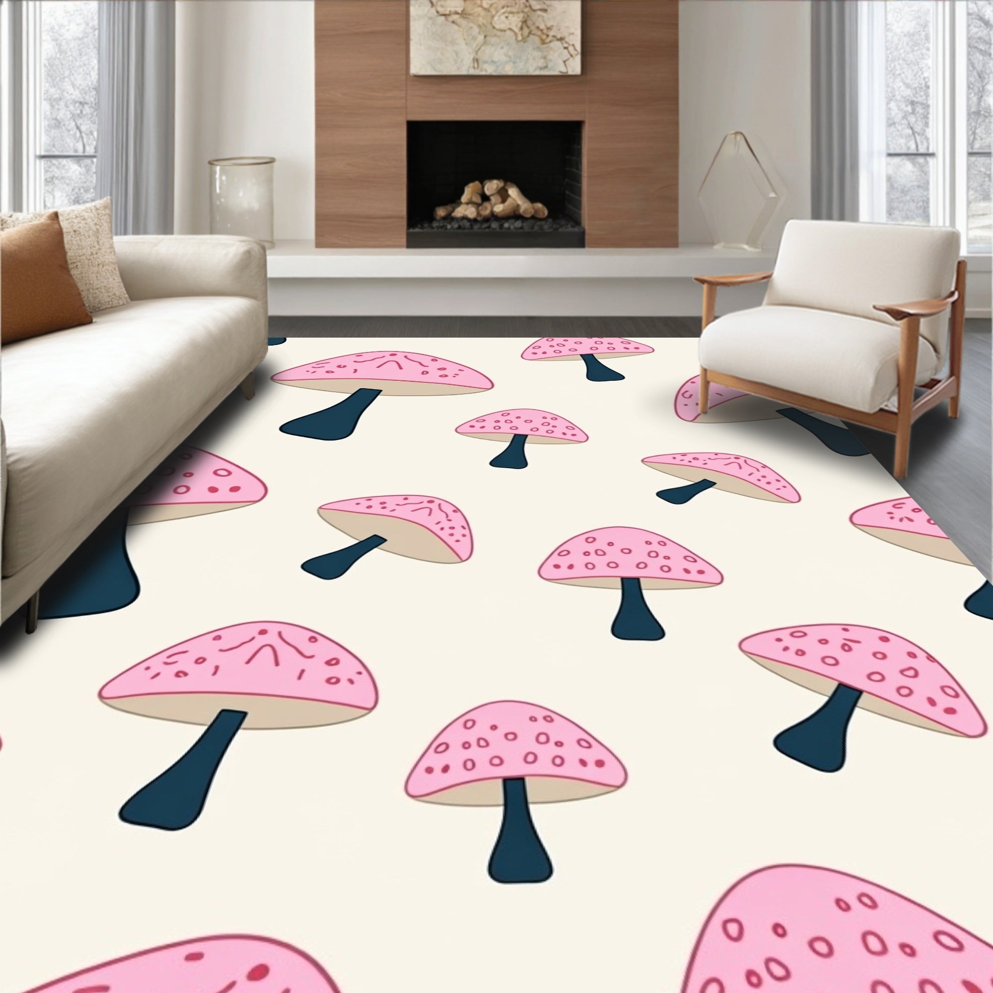 Whimsical Pink Mushroom Forest Pattern Rug
