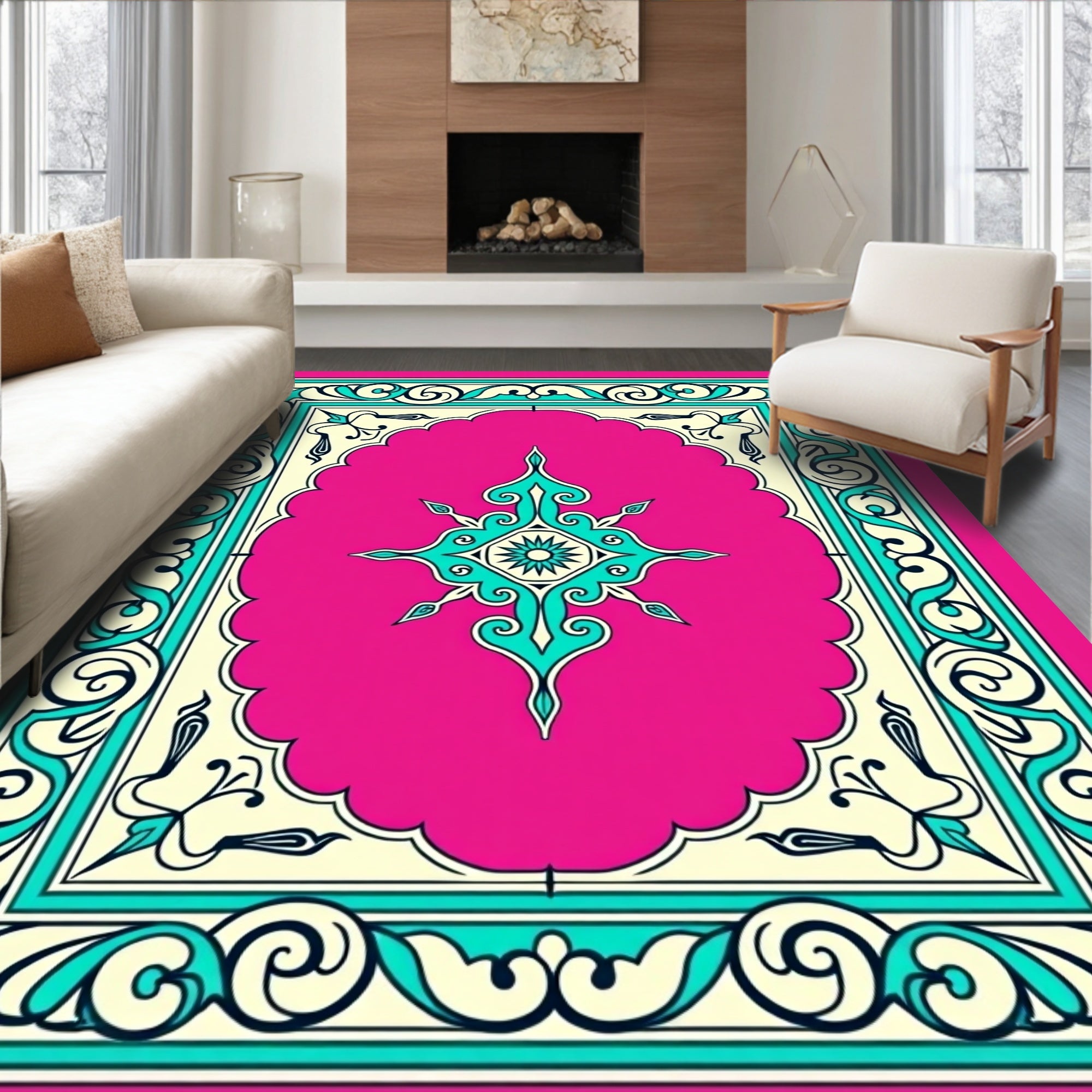 Vibrant Pink Turquoise Scrollwork Medallion Rug