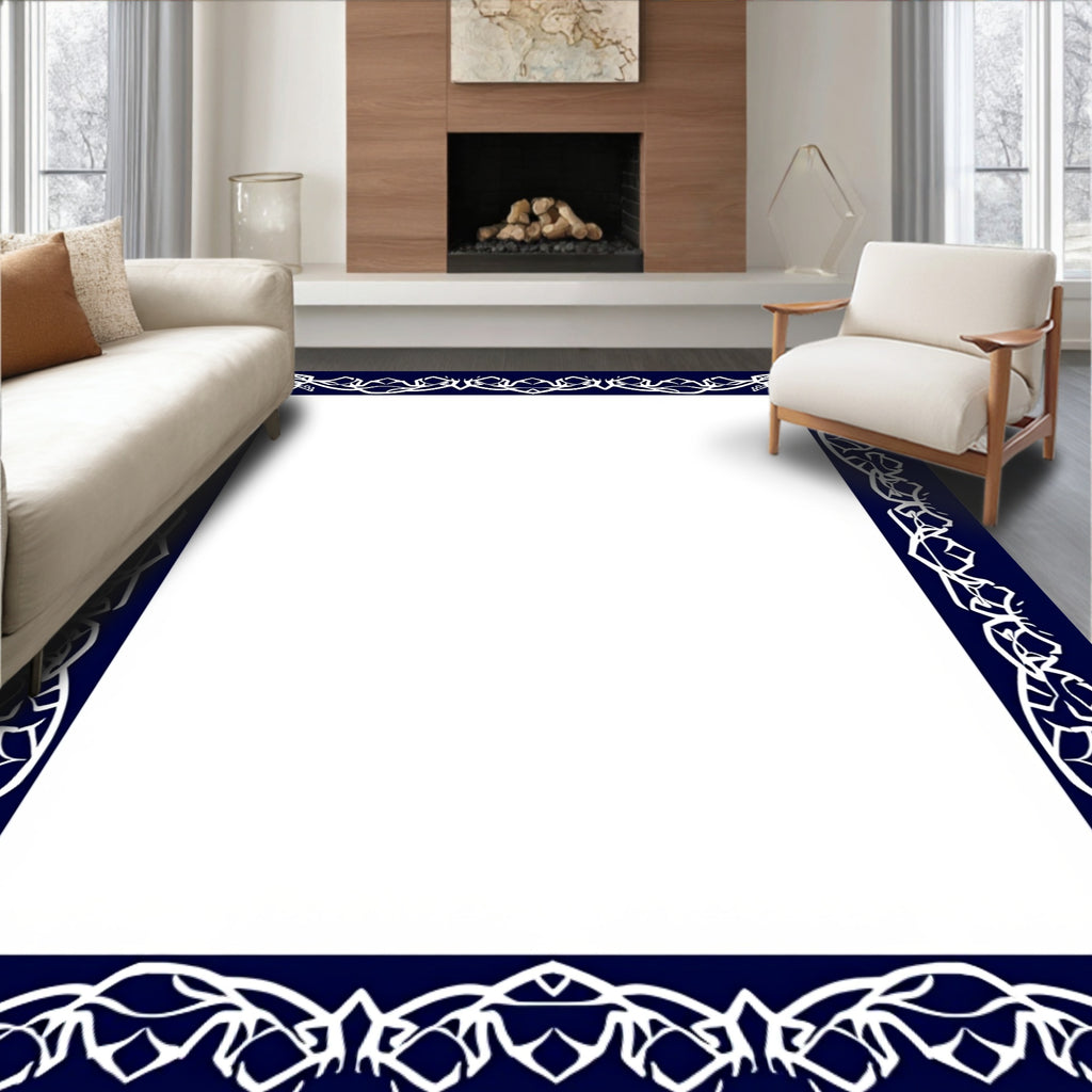Dark Blue White Ornate Scroll Border Rug