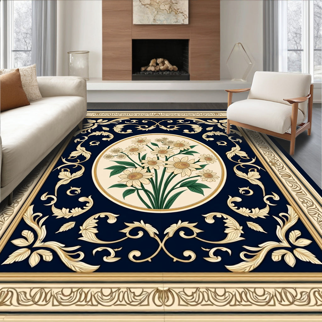 Navy Cream Floral Oval Medallion Rug