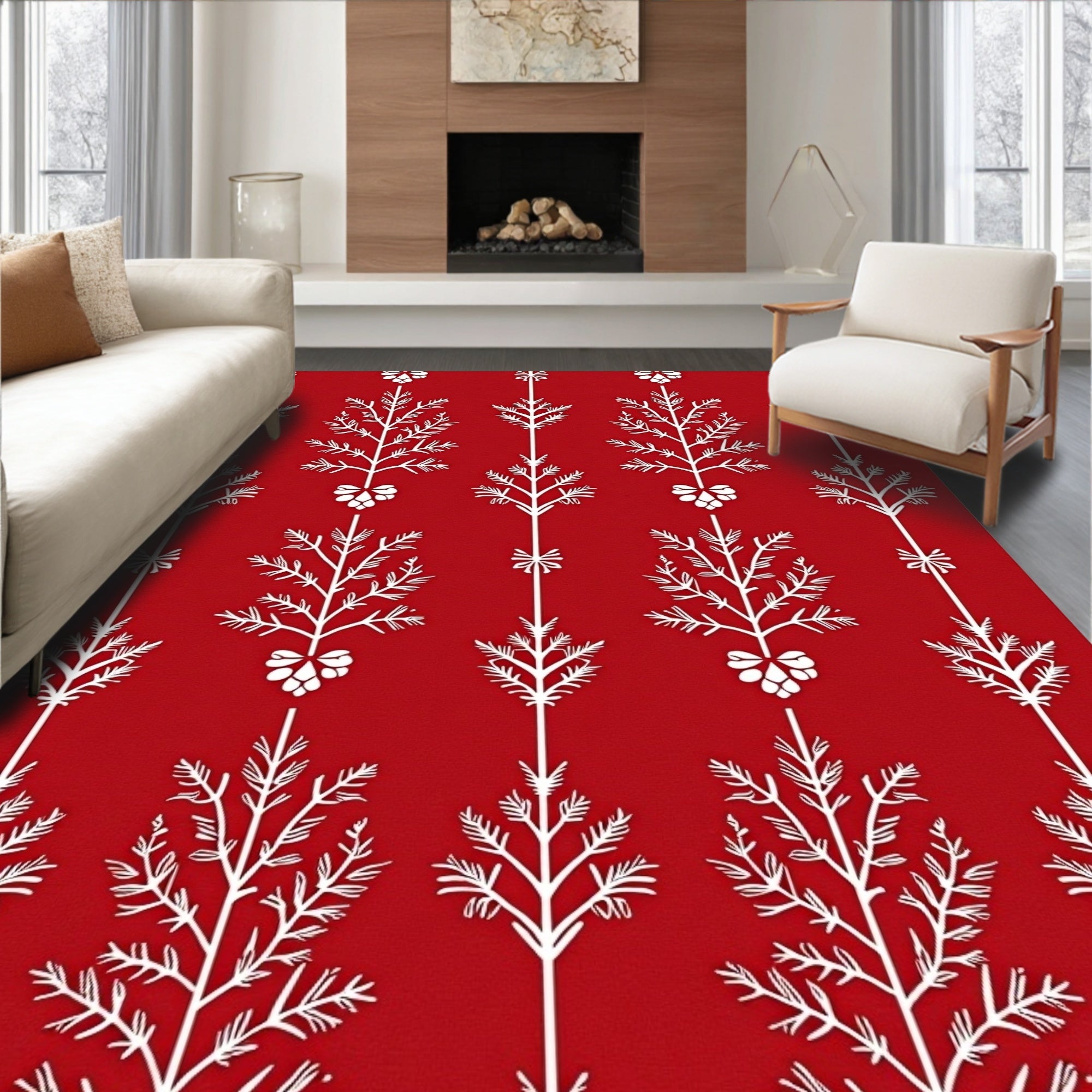 White Folk Art Tree Red Rug