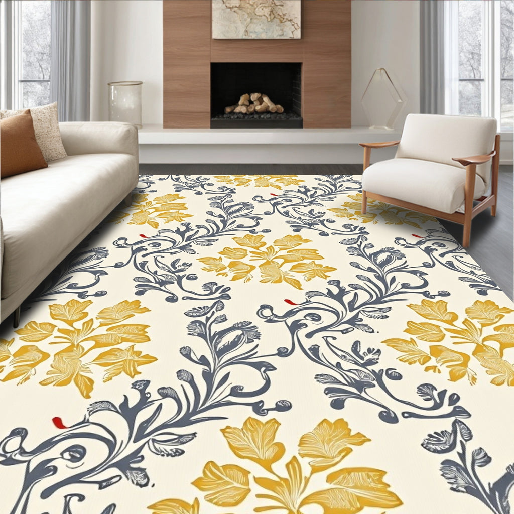 Golden Yellow Floral Scroll Work Rug