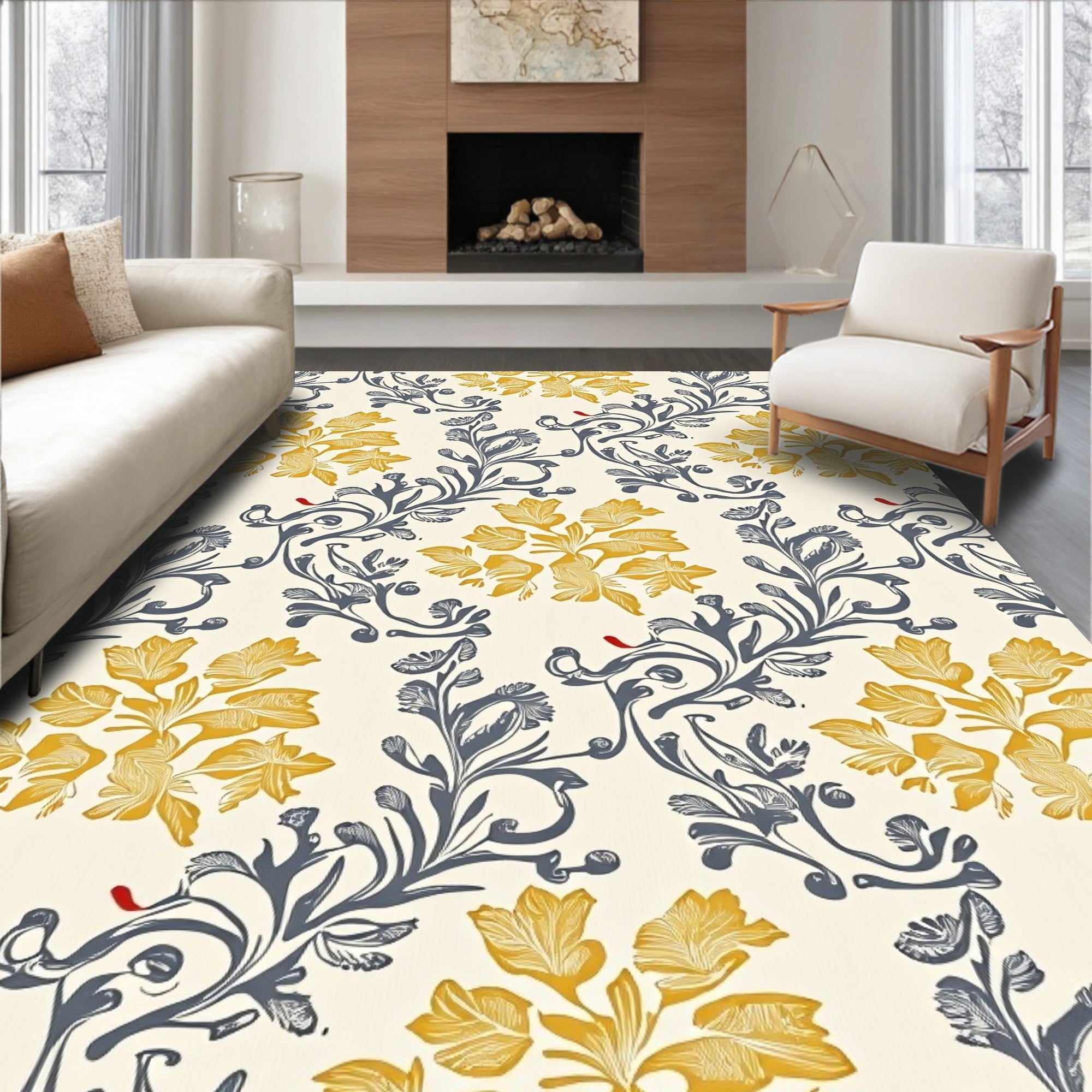 Golden Yellow Floral Scroll Work Rug