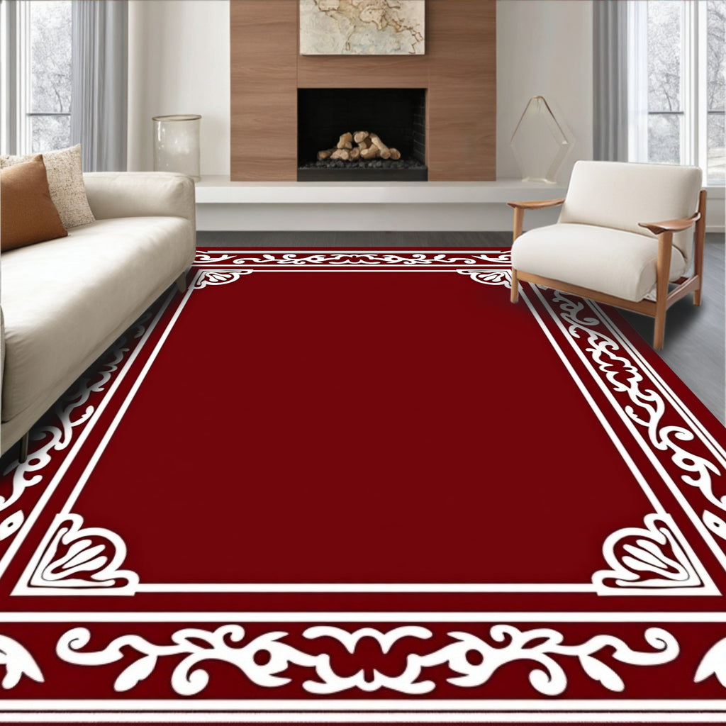 Deep Red Ornate Scrollwork Border Rug