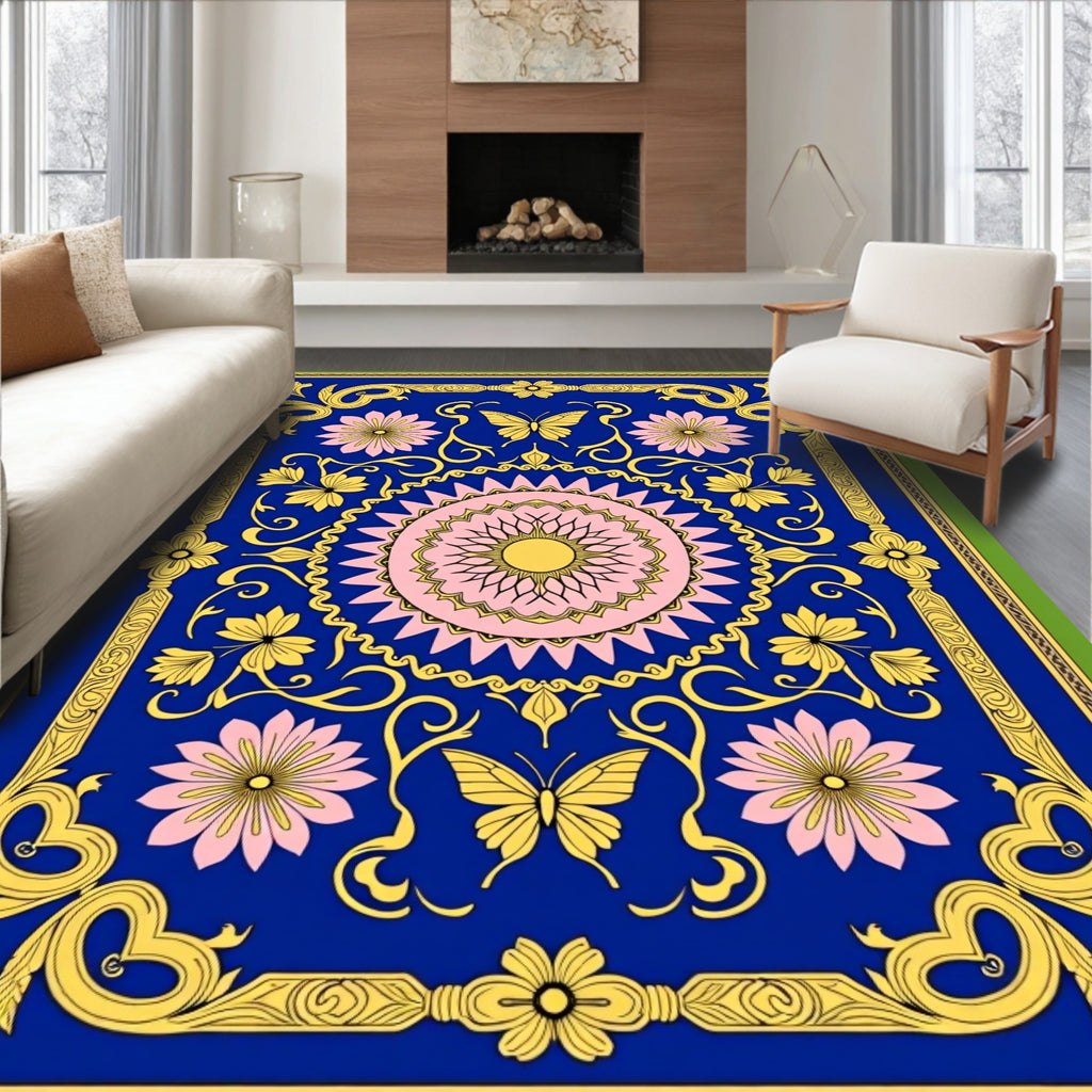 Royal Blue Golden Butterfly Floral Medallion Rug