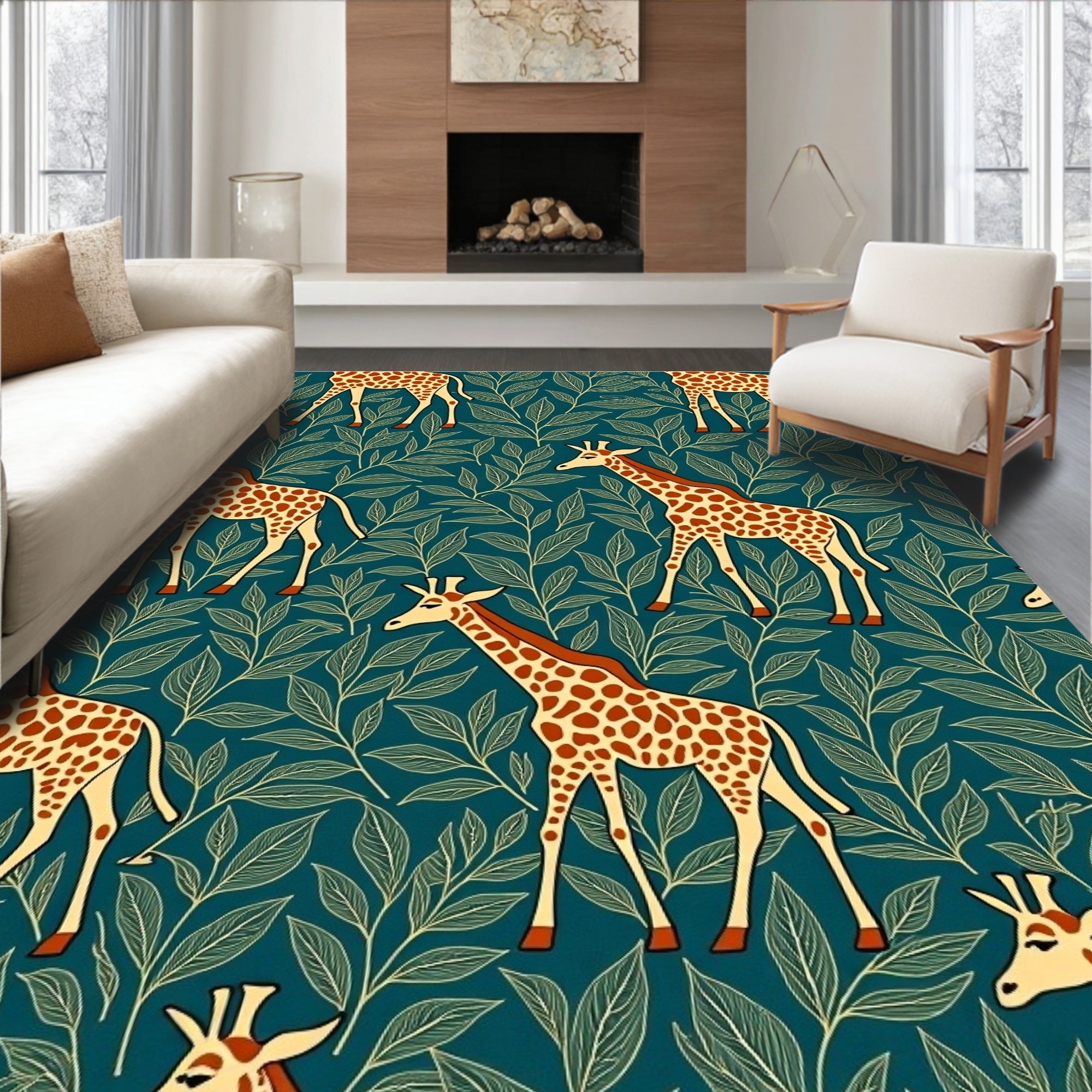 Whimsical Giraffe Foliage Teal Rug