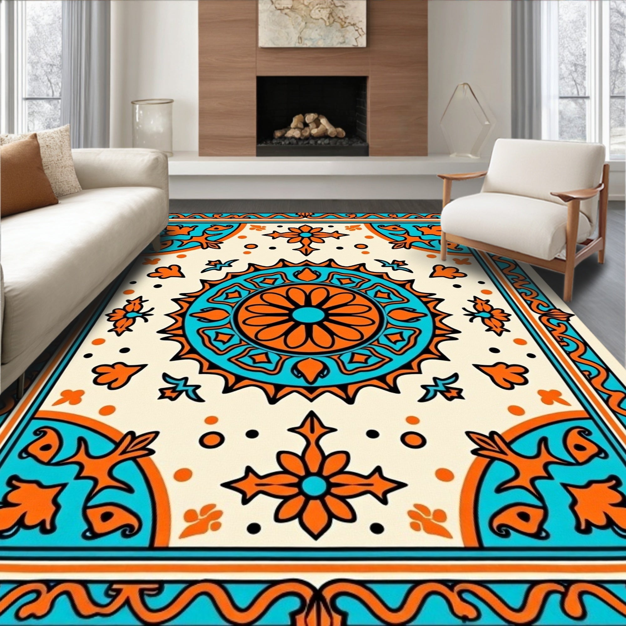 Orange Teal Sunburst Medallion Rug