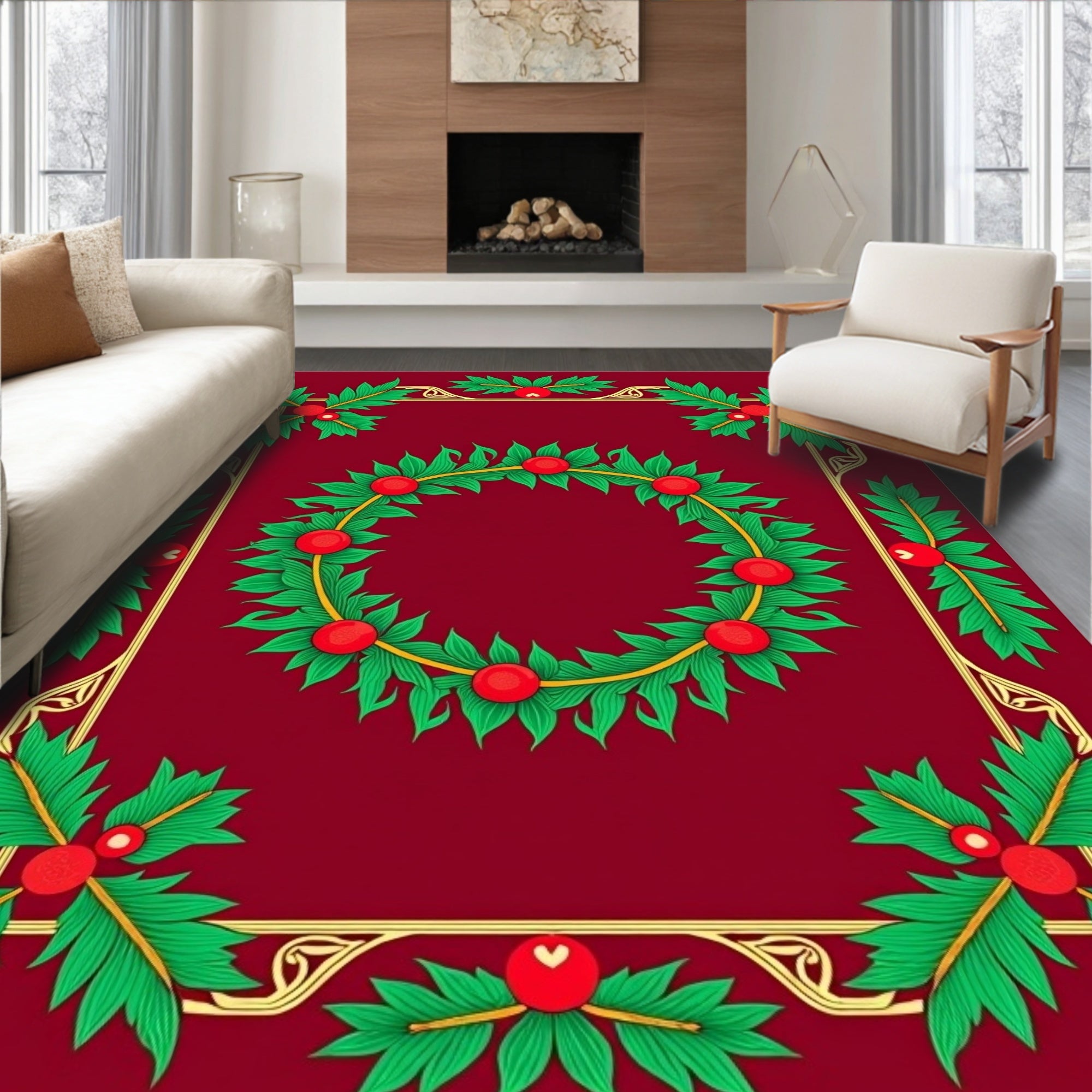 Crimson Holly Berry Garland Frame Rug