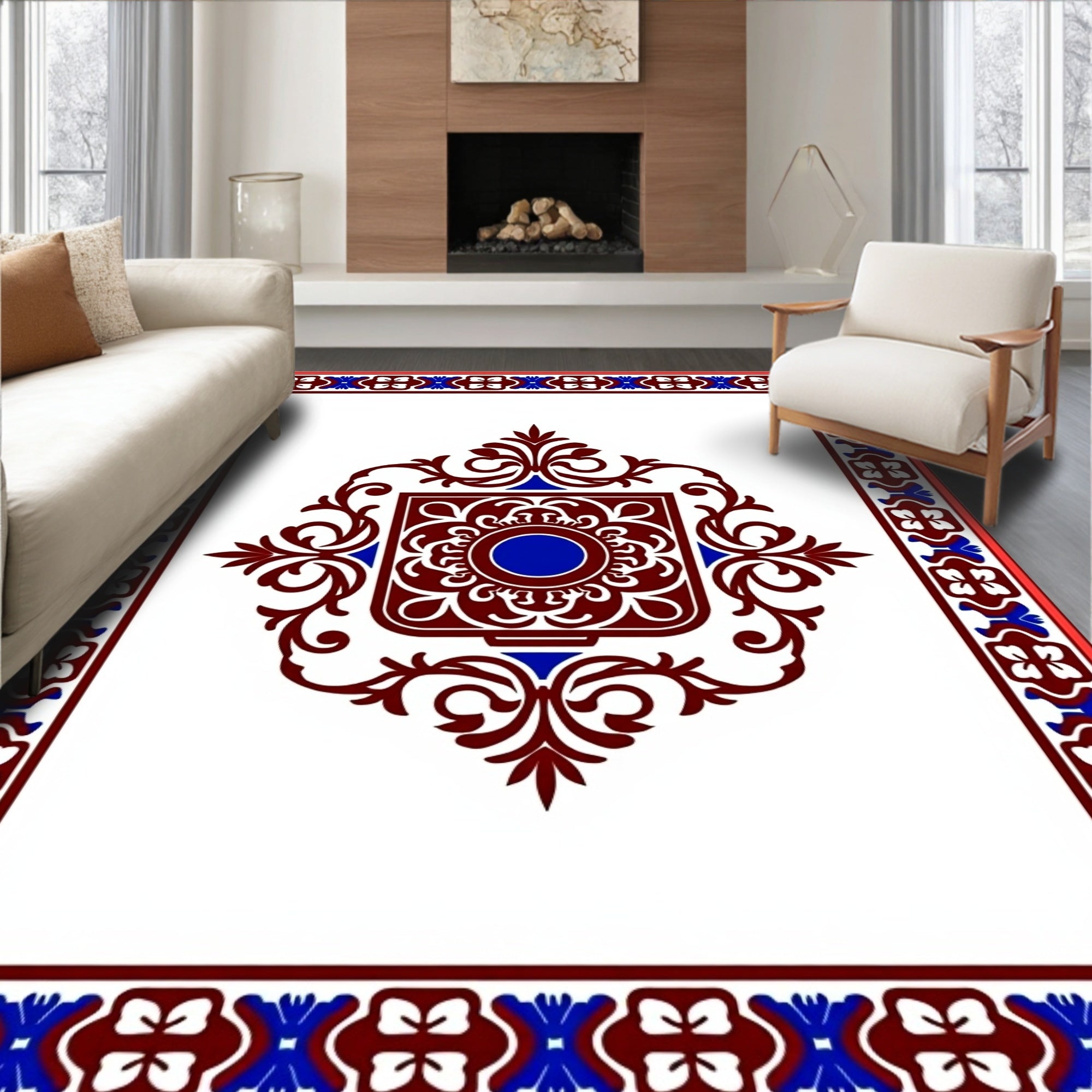Rich Maroon Blue Medallion Border Rug
