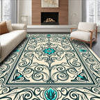 Teal Floral Scrollwork Cream Border Rug