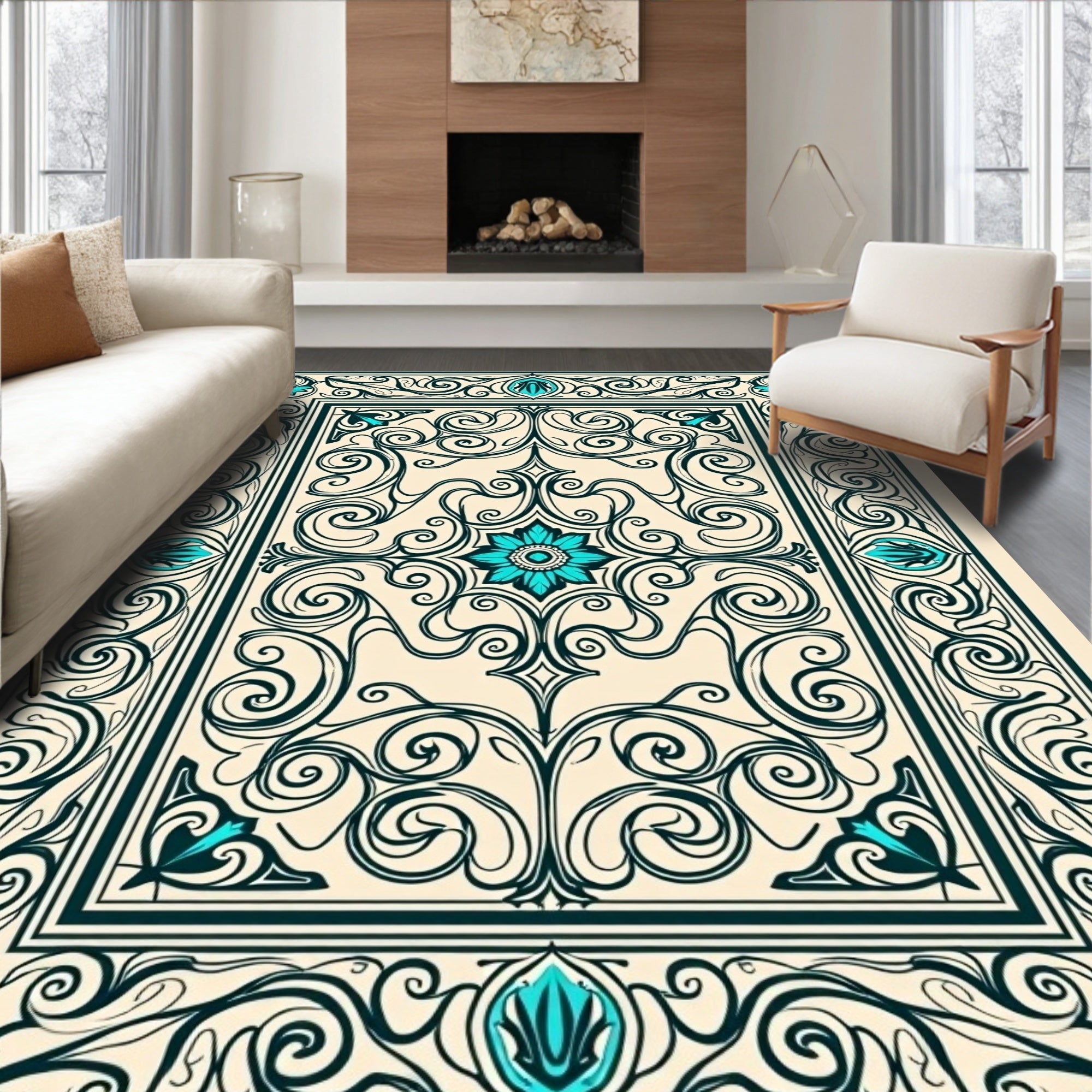 Teal Floral Scrollwork Cream Border Rug