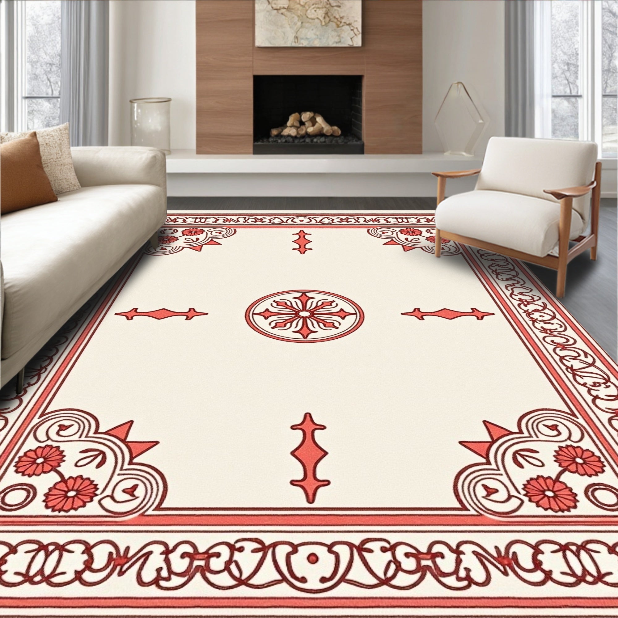 Coral Floral Medallion BorderRug Rug