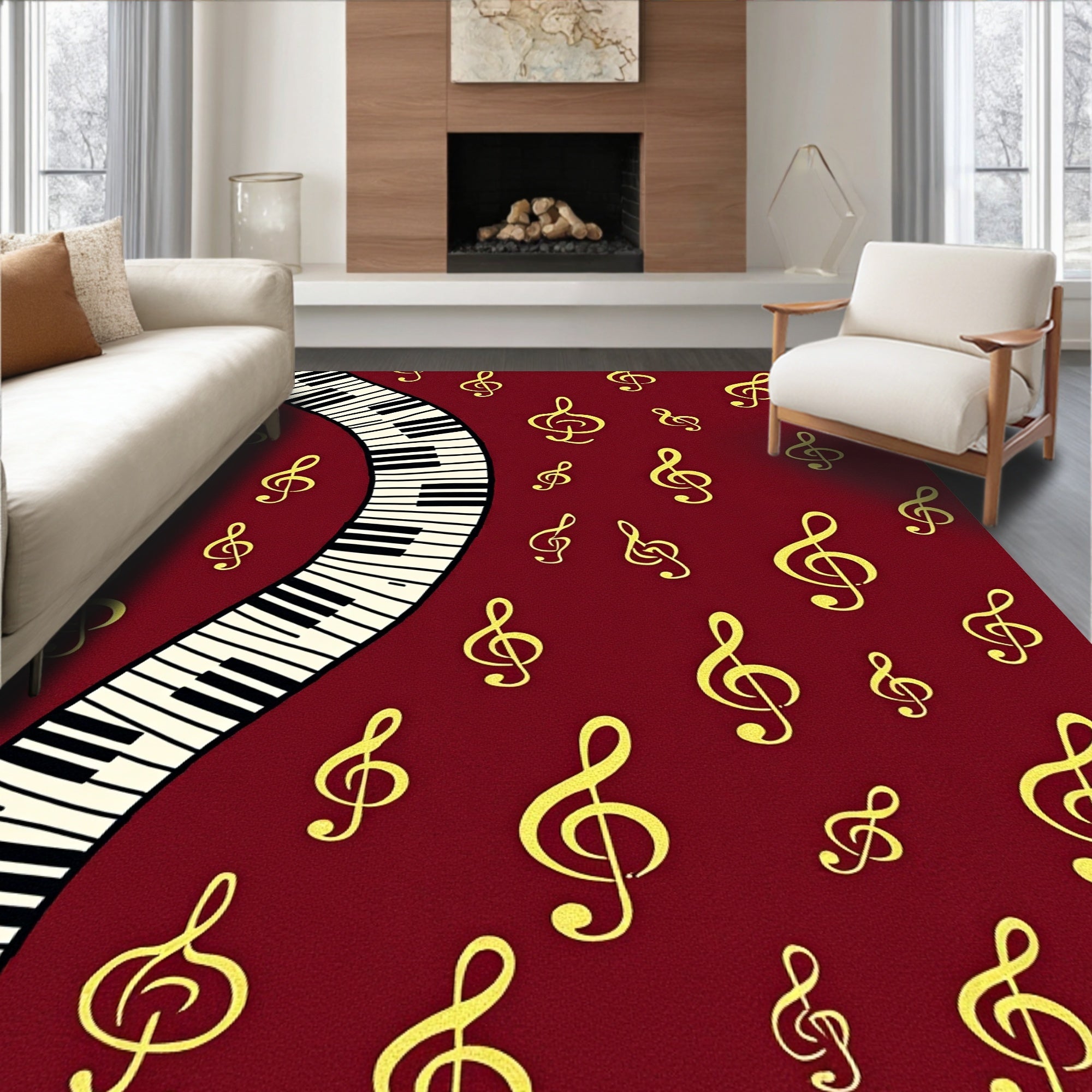 Crimson Treble Clef Piano Keys Rug