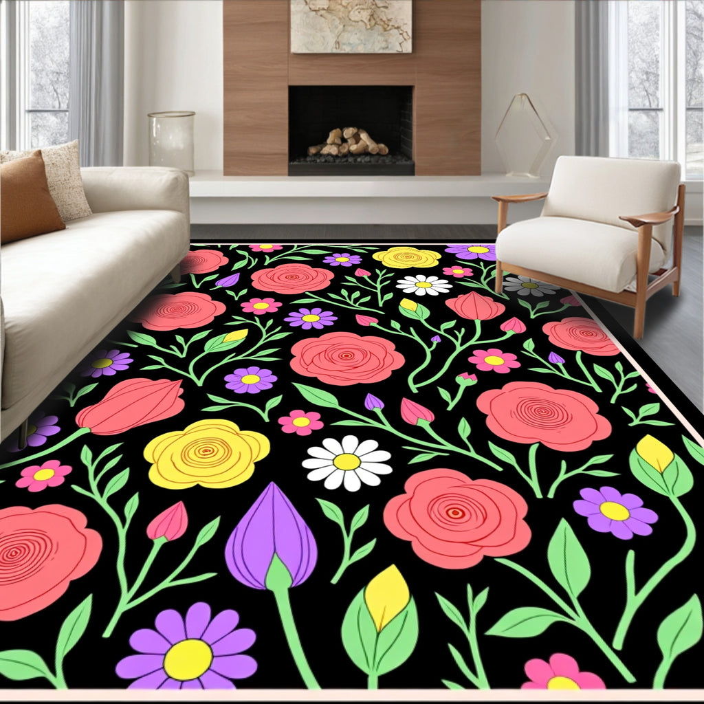 Whimsical Pink Rose Garden Illustration Rug